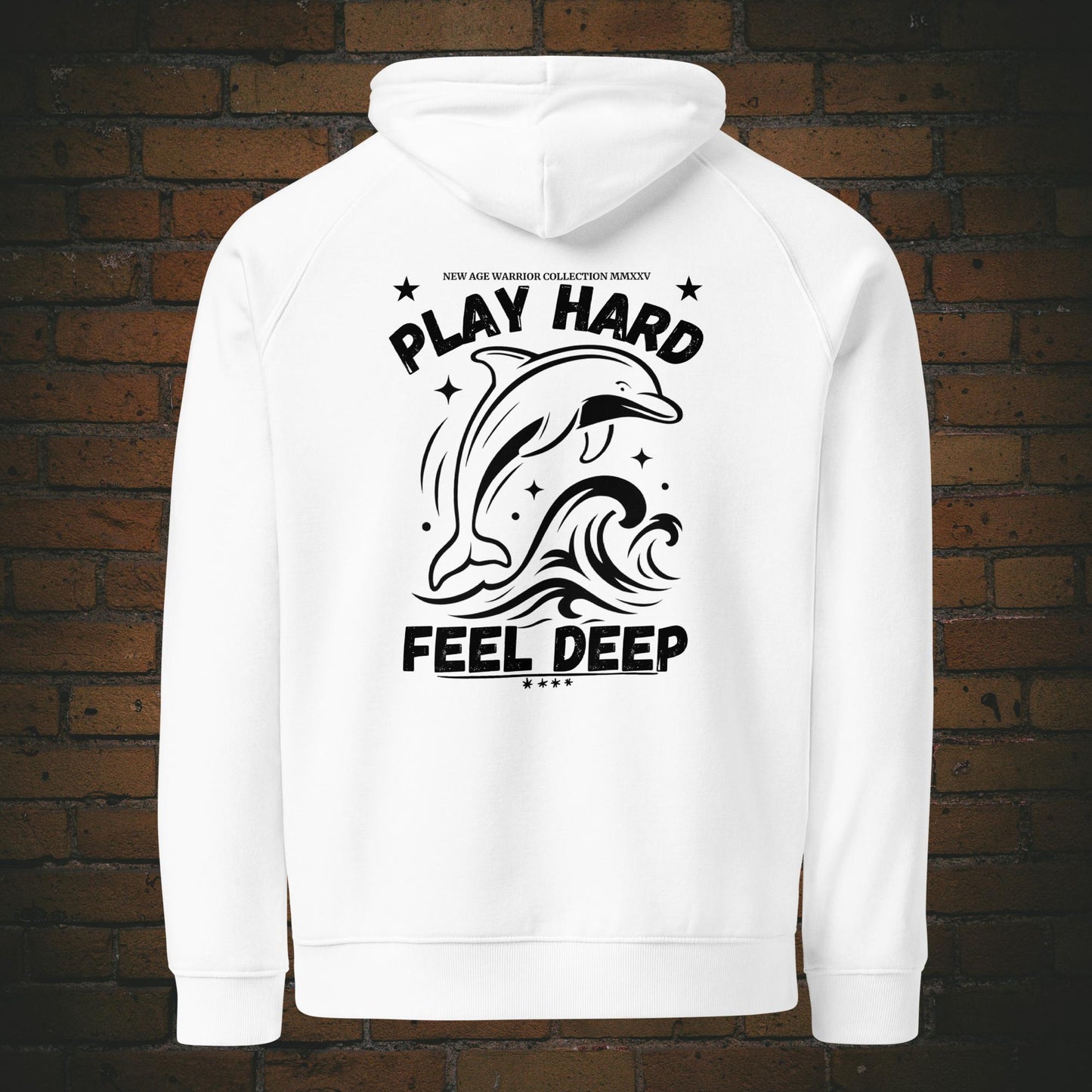 Delfin Krafttier Hoodie – Minimalistischer Bio Hoodie Unisex Design in Schwarz - Druck auf dem Rücken - Weiße Baumwolle
