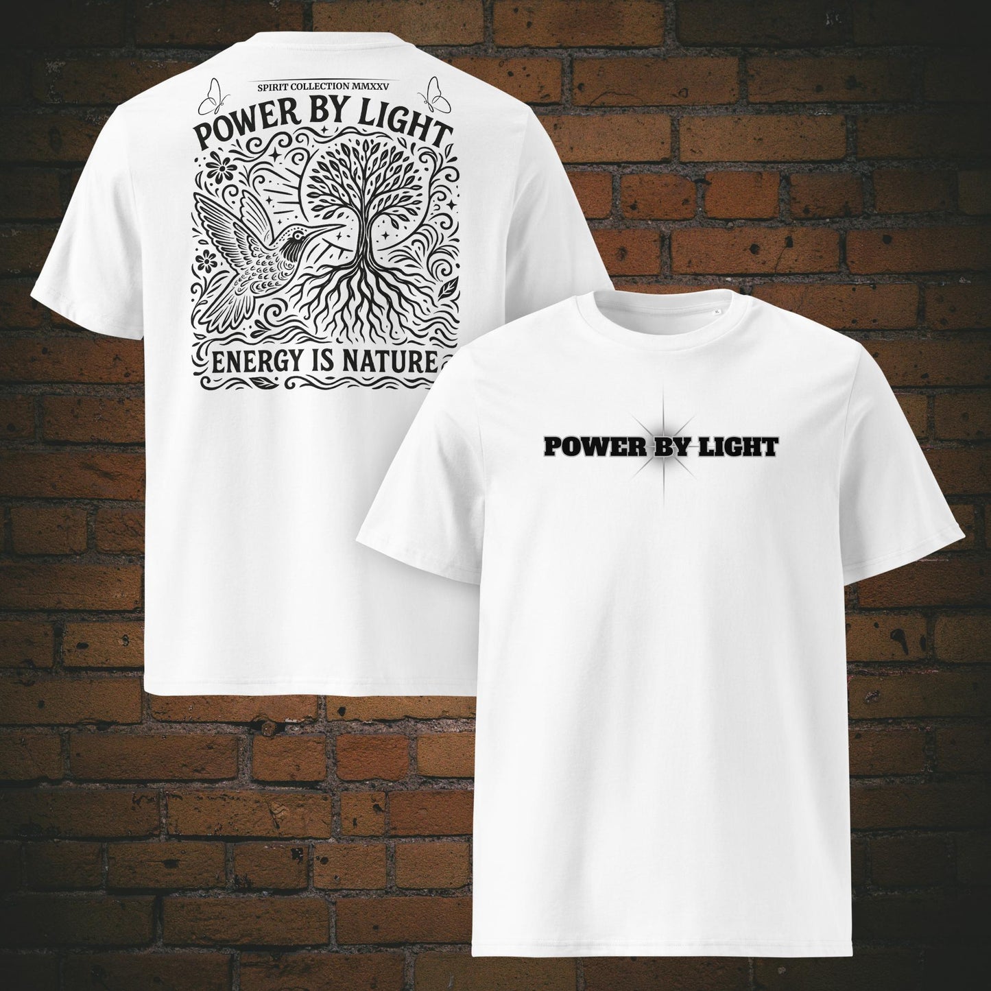 Power by Light – Kolibri Nature T-Shirt | Vorder- & Rückendruck | Bio-Baumwolle in der Farbe weiss