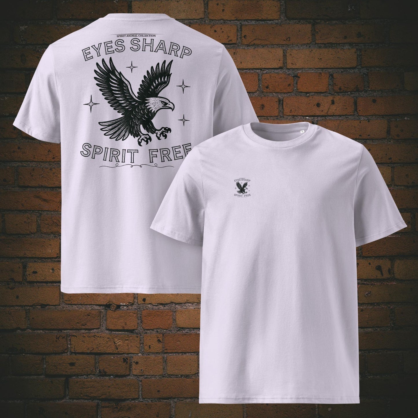 Eyes Sharp Spirit Free – Adler Krafttier Bio T-Shirt Unisex Vintage Schwarz - Druck auf Brust und Rücken - Shirt in der Farbe: Lavendel