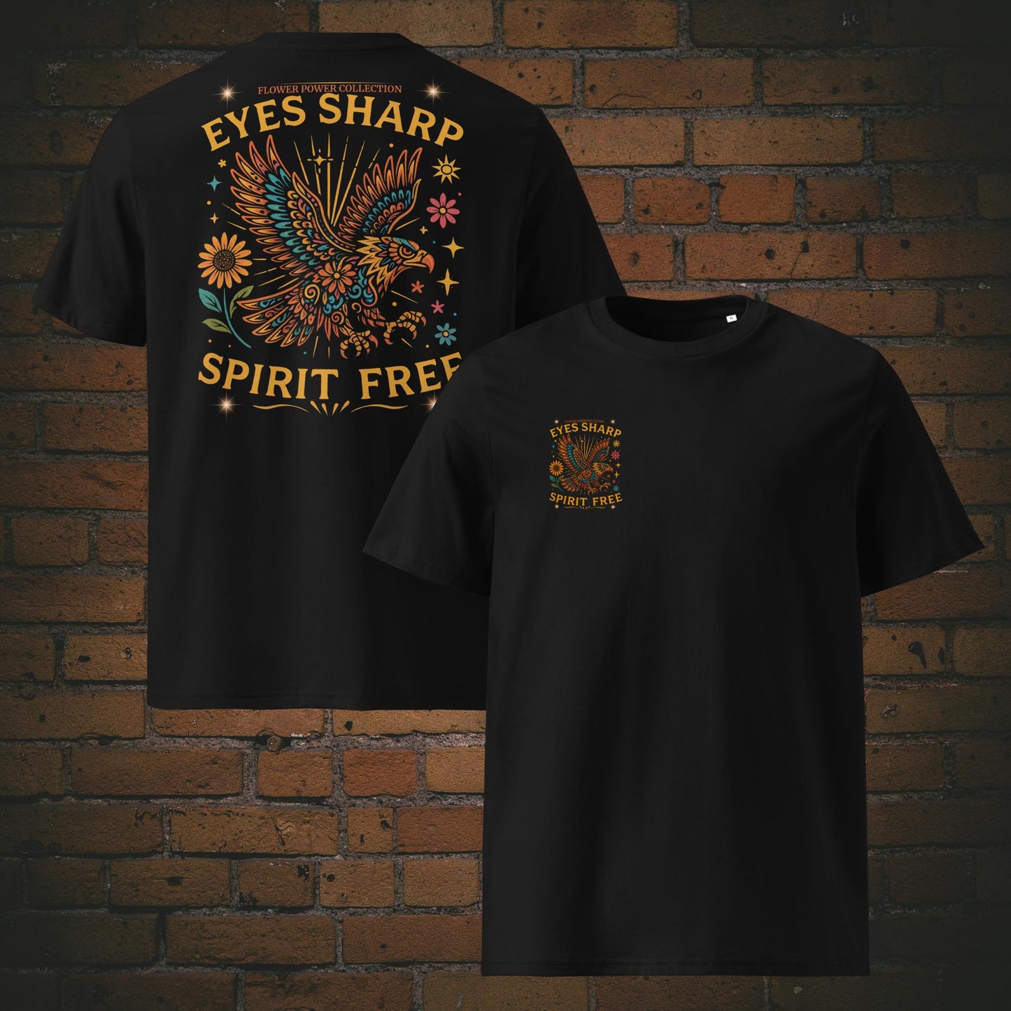 Flower Power Adler mit Spruch – Eyes Sharp, Spirit Free | Buntes T-Shirt für Freigeister gedruckt auf schwarzer Bio-Baumwolle