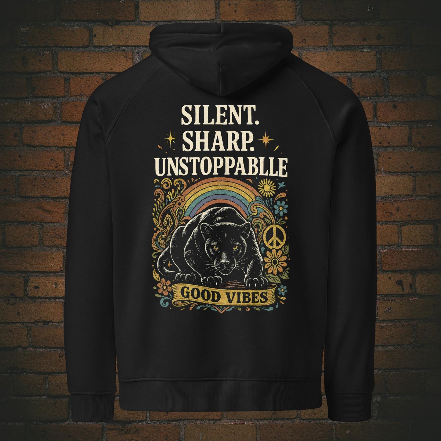 Hoodie Panther Good Vibes – Hippie Flower Power Unisex Bio - Druck auf dem Rücken - Kapuzenpullover in der Farbe: schwarz
