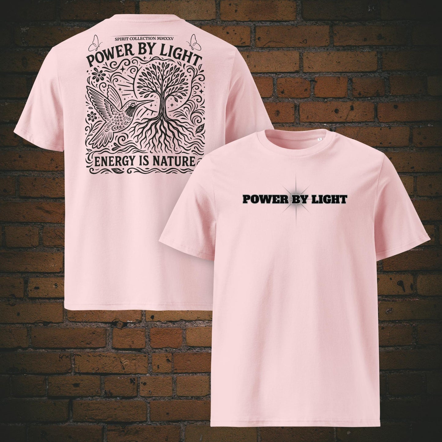 Power by Light – Kolibri Nature T-Shirt | Vorder- & Rückendruck | Bio-Baumwolle in der Farbe rosa