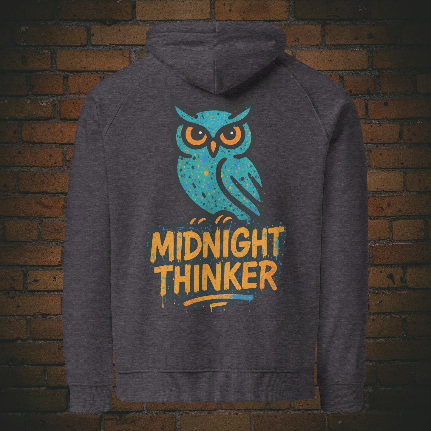 Midnight Thinker Hoodie – Urban Street Art Eule Graffiti Style Unisex - Pullover in der Farbe dunkelgrau - Druck auf dem Rücken
