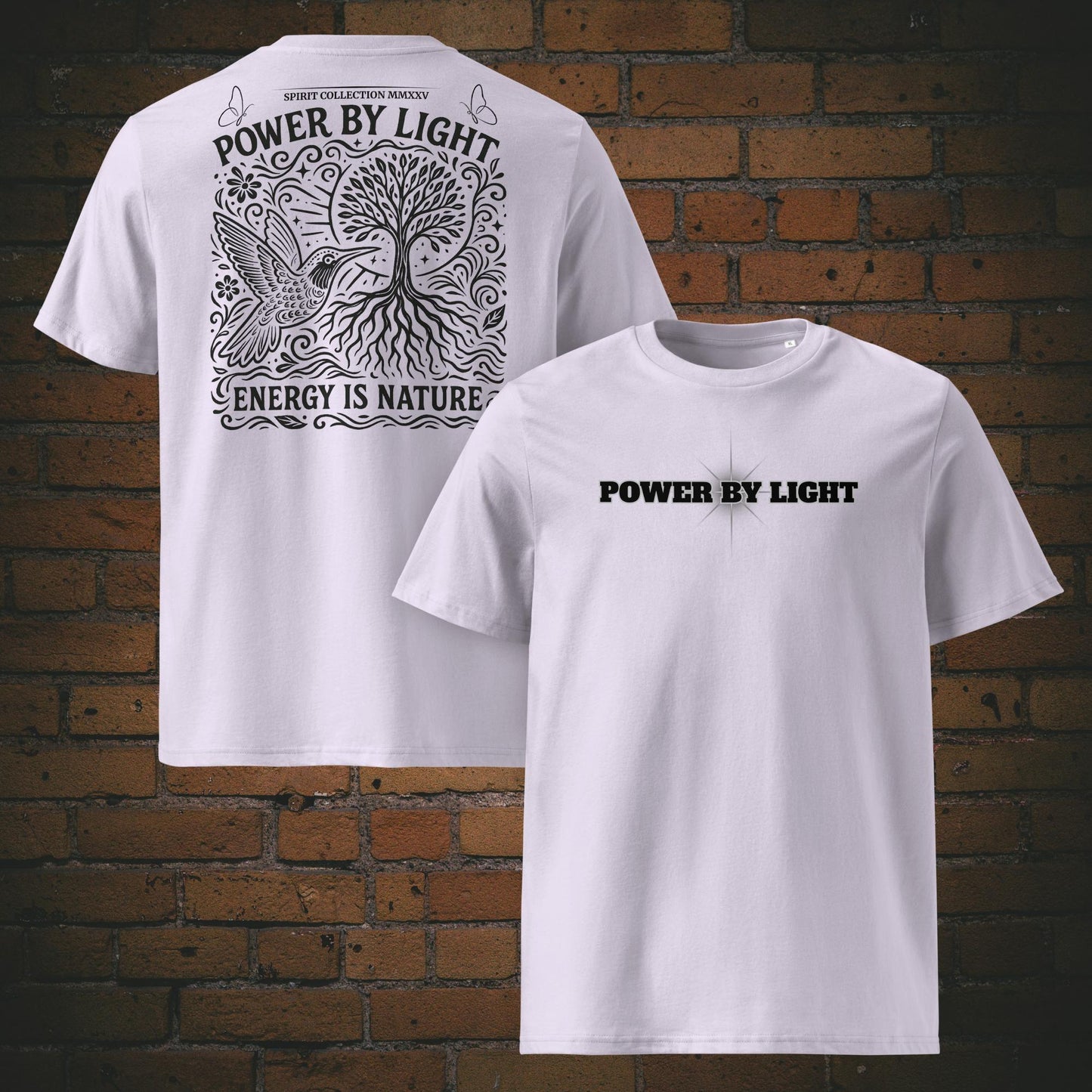 Power by Light – Kolibri Nature T-Shirt | Vorder- & Rückendruck | Bio-Baumwolle in der Farbe Lavendel