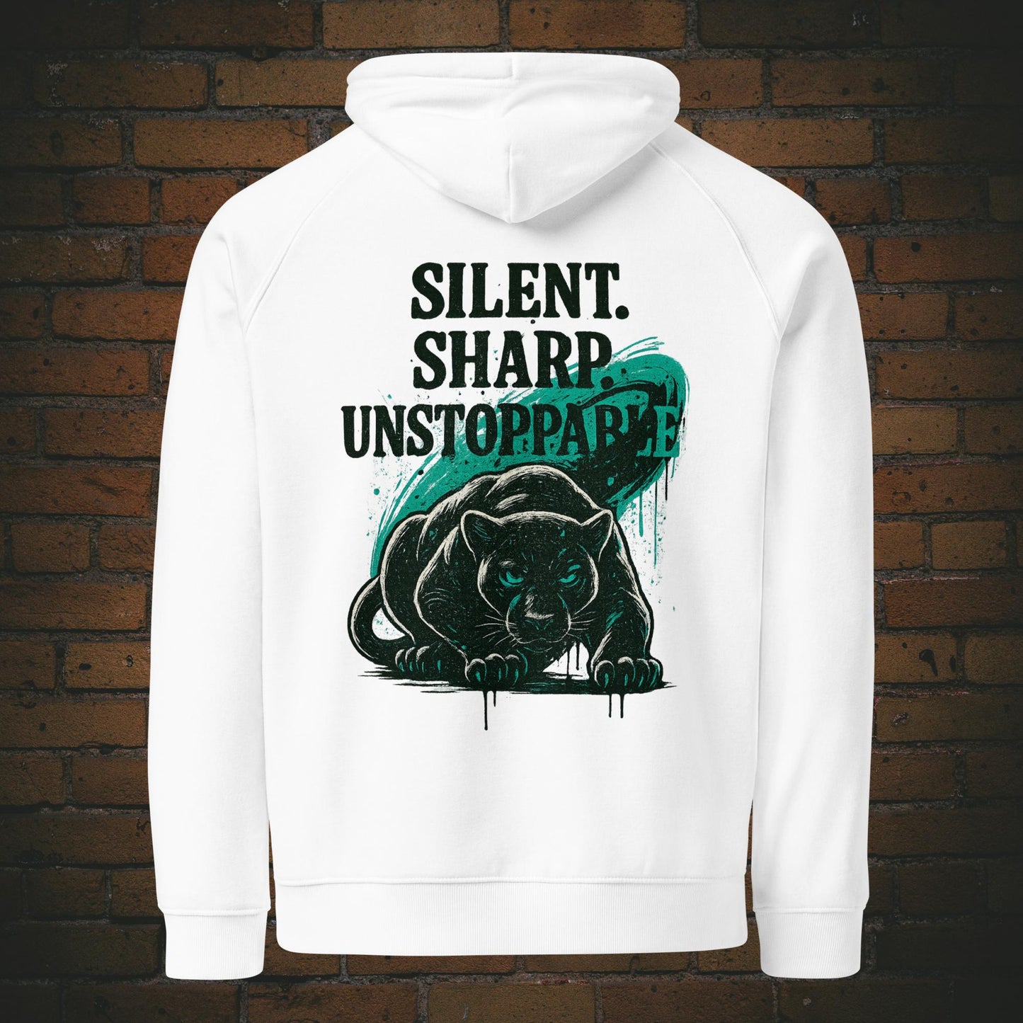 Silent Sharp Unstoppable Hoodie – Panther Bio Unisex - Druck auf dem Rücken - Kapuzenpullover in der Farbe weiß