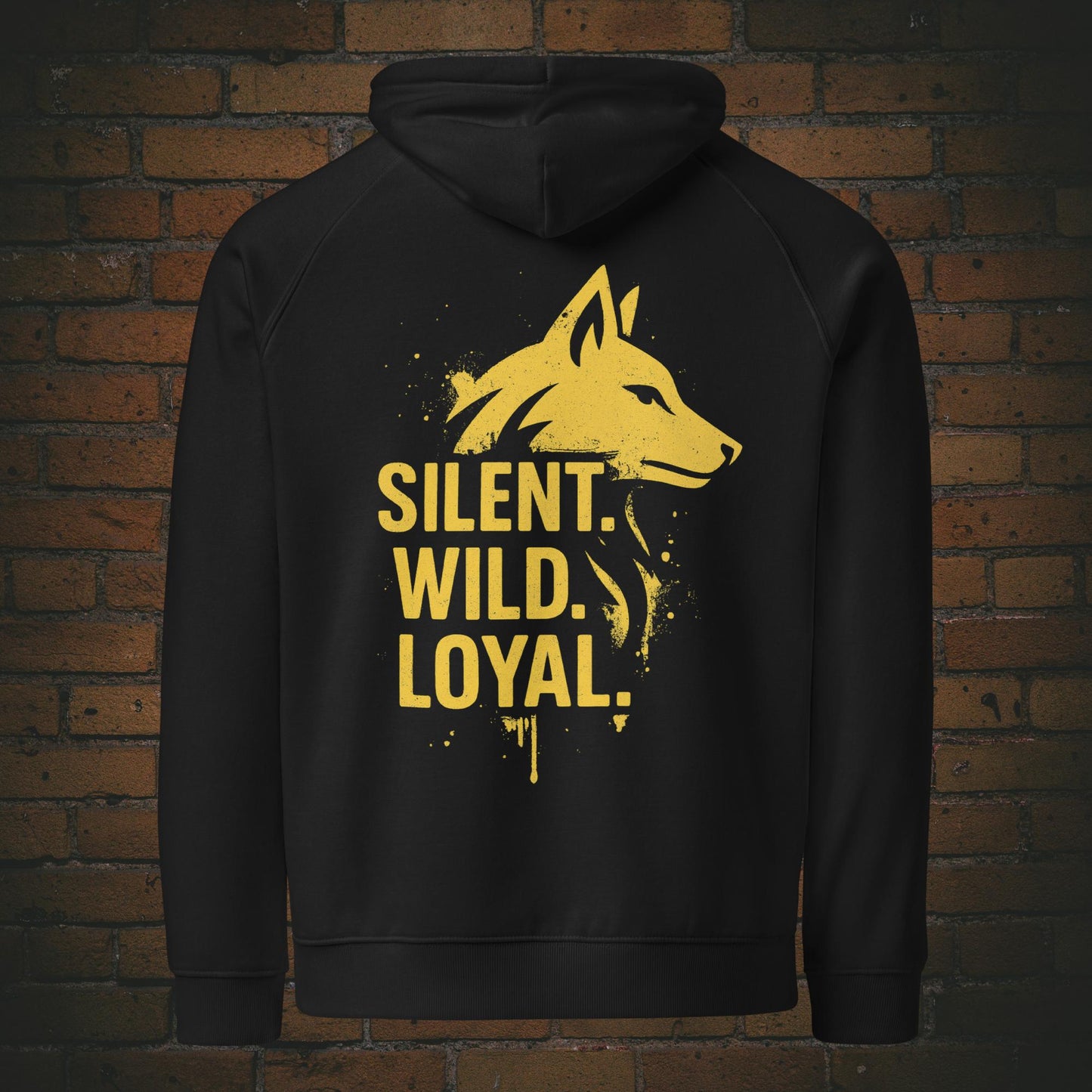 Silent Wild Loyal Hoodie – Urban Street Art Wolf Bio Unisex in der Farbe schwarz - Druck auf dem Rücken