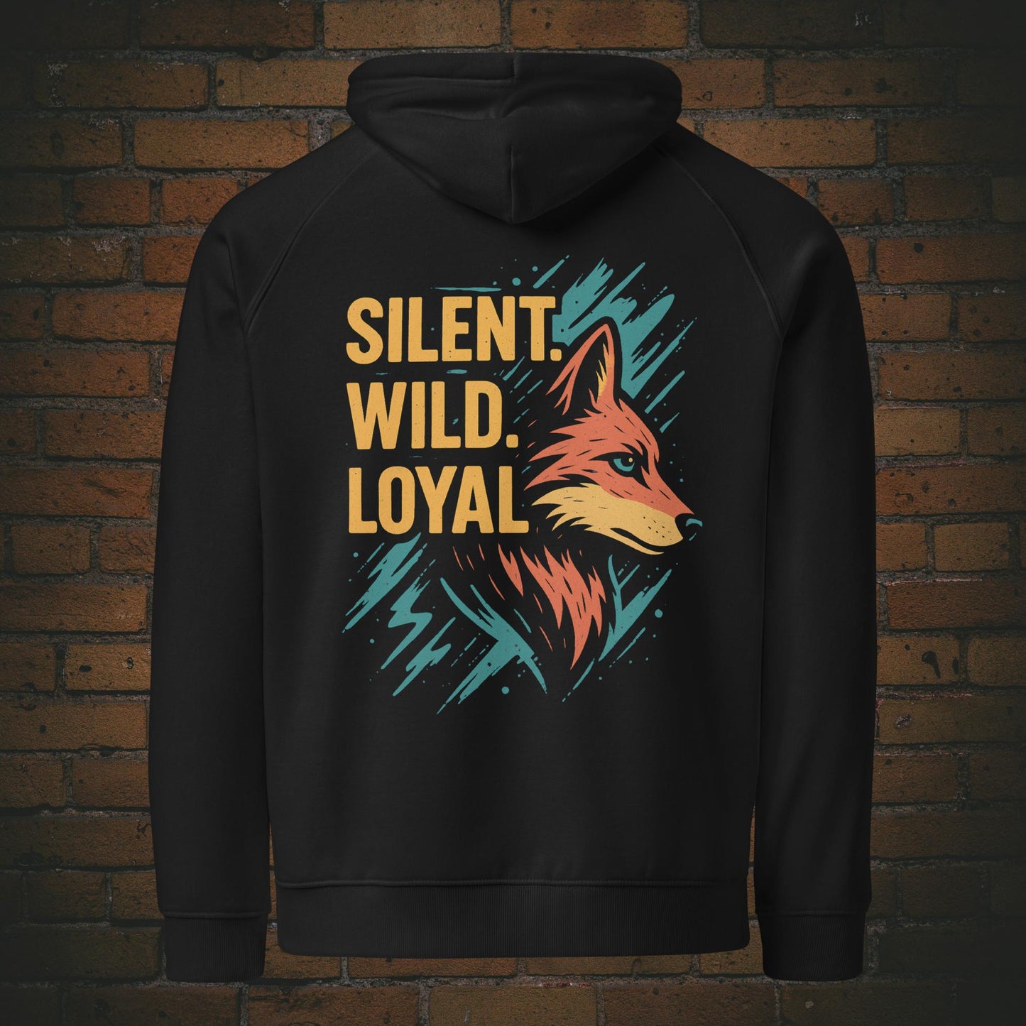 Silent Wild Loyal Hoodie – Wolf Design Bio Baumwolle Unisex in der Farbe schwarz - Druck auf dem Rücken