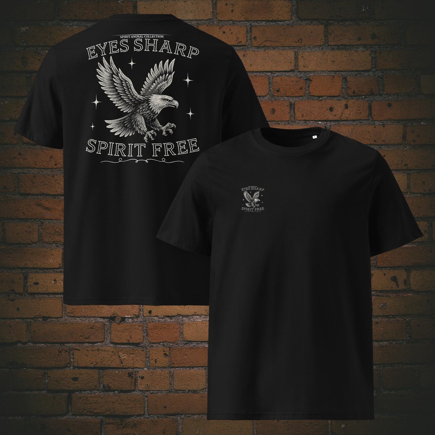 Eyes Sharp Spirit Free – Weißes Adler Krafttier T-Shirt Unisex Bio Schwarzes Design gedruckt auf schwarzen Shirt - Druck auf der Brust in klein und auf dem Rücken in groß