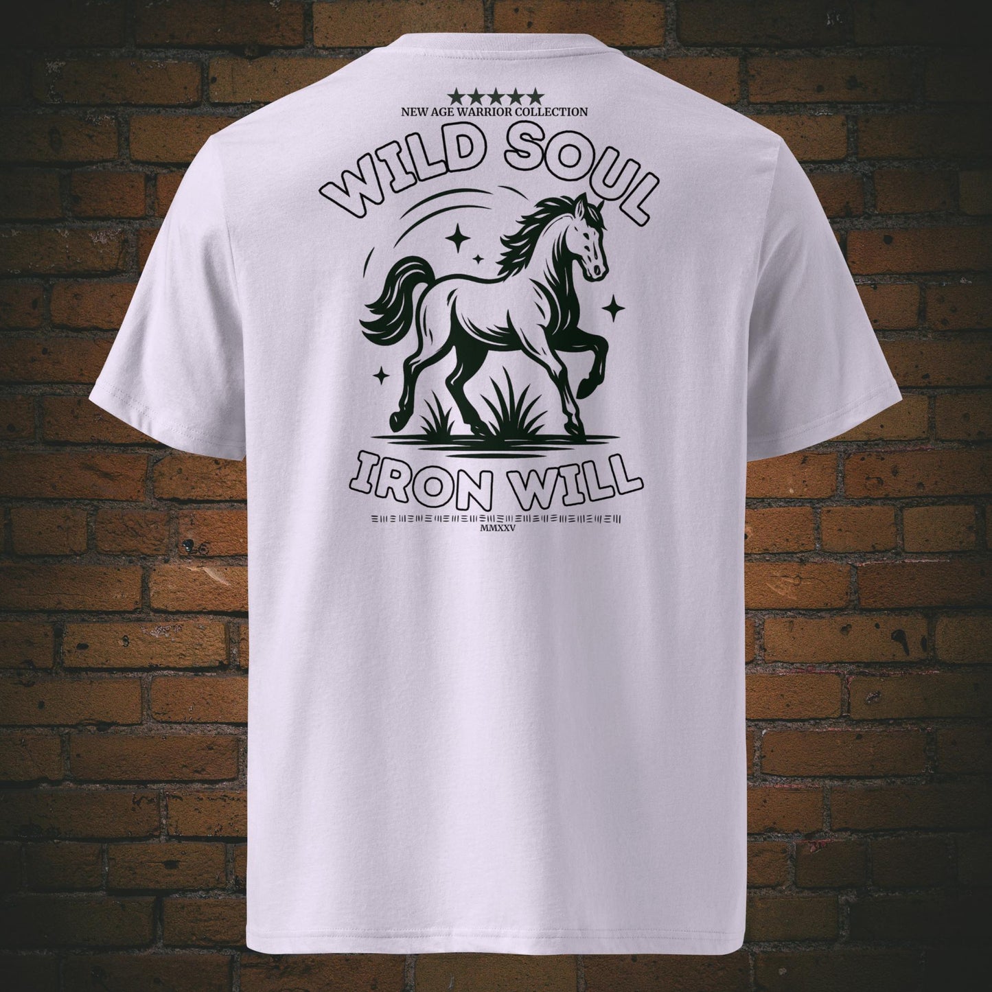 Wild Soul Iron Will – Pferd Krafttier Bio T-Shirt Unisex - Druck auf Bio-Baumwolle in der Farbe: Lavendel