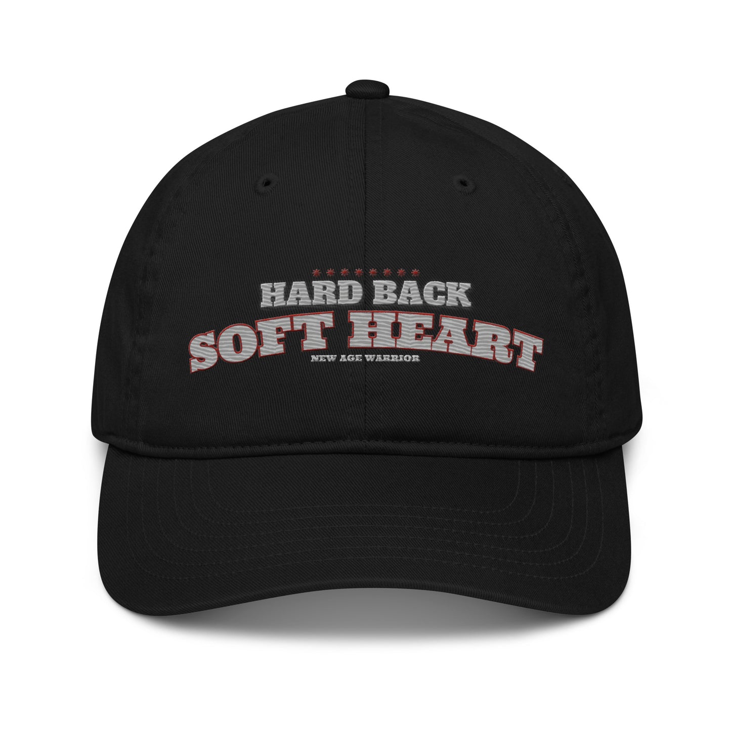 Hard Back Soft Heart – New Age Warrior Bio Baseball Cap bestickt in der Farbe schwarz Detailansicht vorne