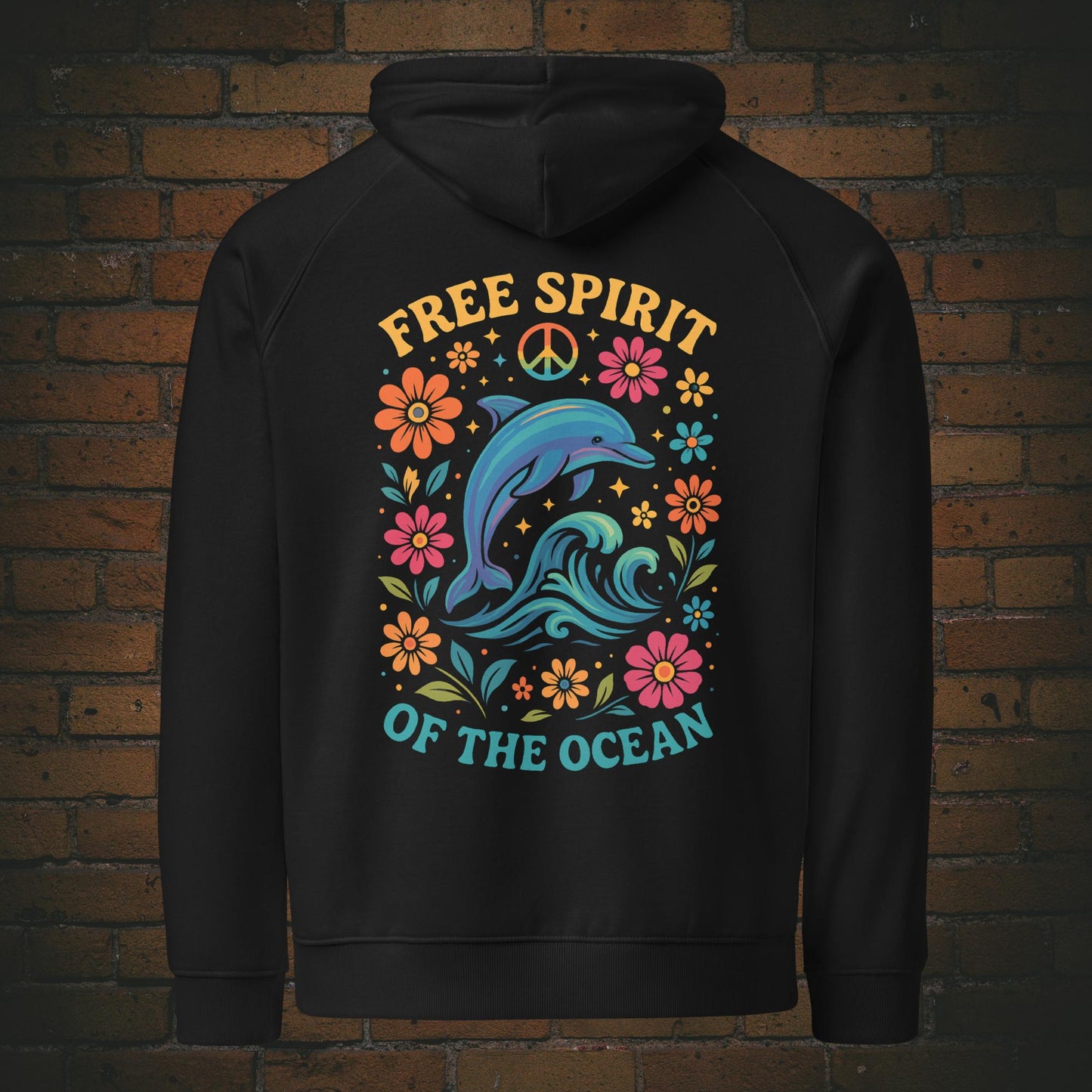 Free Spirit of the Ocean – Bunter Delfin Flower Power Bio Hoodie Unisex - Druck auf dem Rücken - Kapuzenpullover in der Farbe: schwarz
