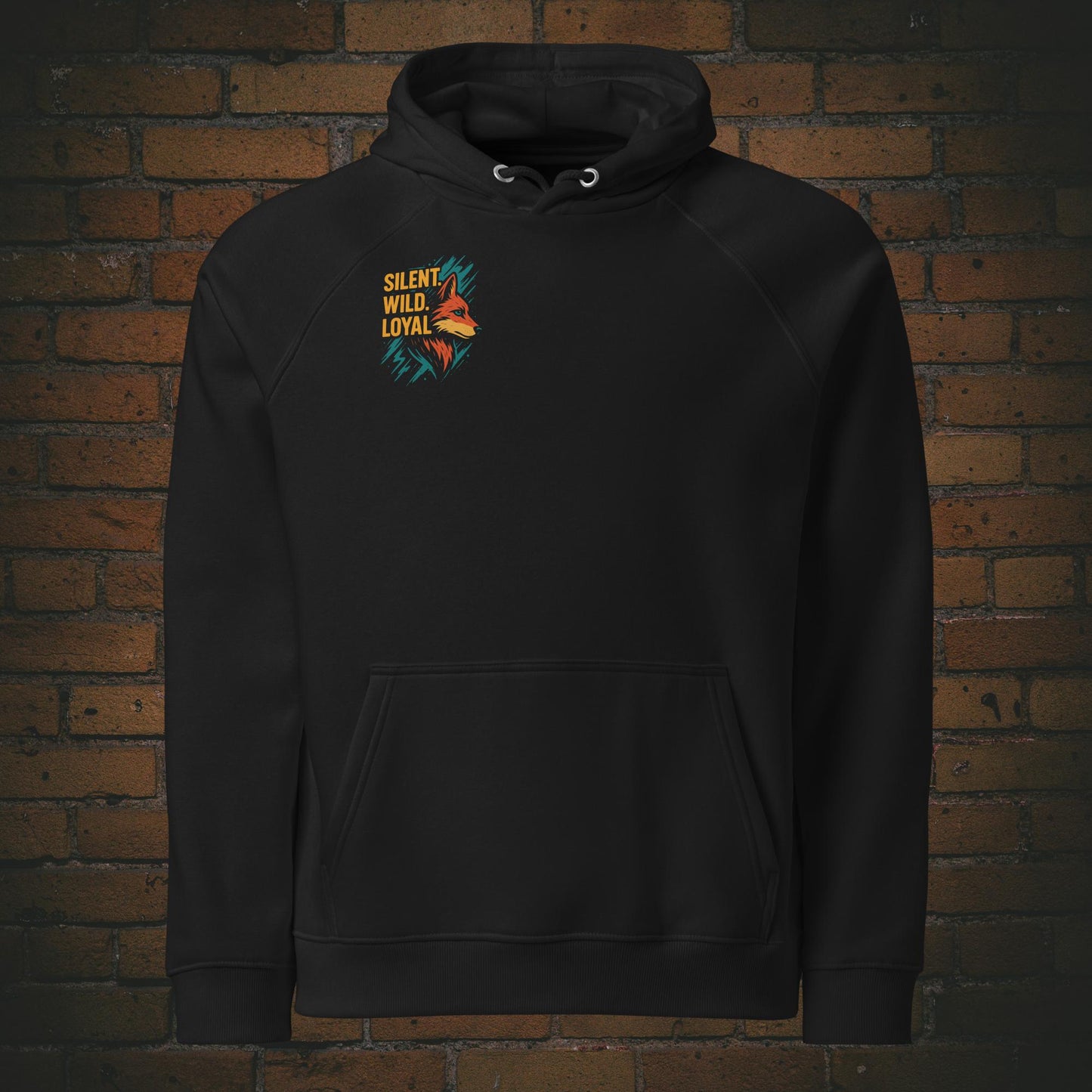 Silent Wild Loyal Hoodie – Wolf Design Bio Baumwolle Unisex in der Farbe schwarz - Druck auf der Brust