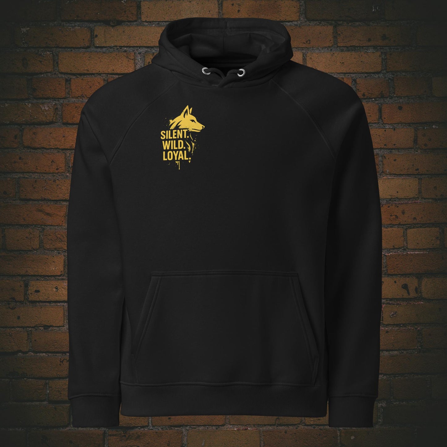 Silent Wild Loyal Hoodie – Urban Street Art Wolf Bio Unisex in der Farbe schwarz - Druck auf der Brust