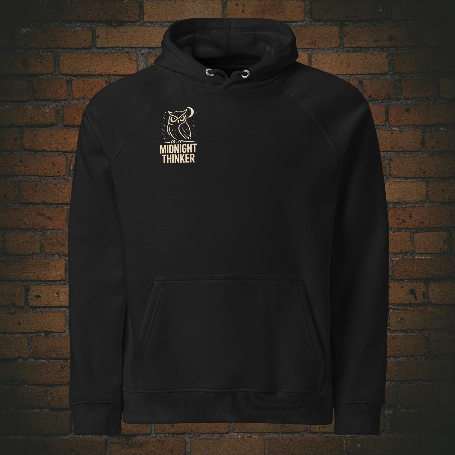 Midnight Thinker Hoodie – Eule Design Bio Baumwolle Unisex - Druck auf der Brust - Kapuzenpullover in schwarz