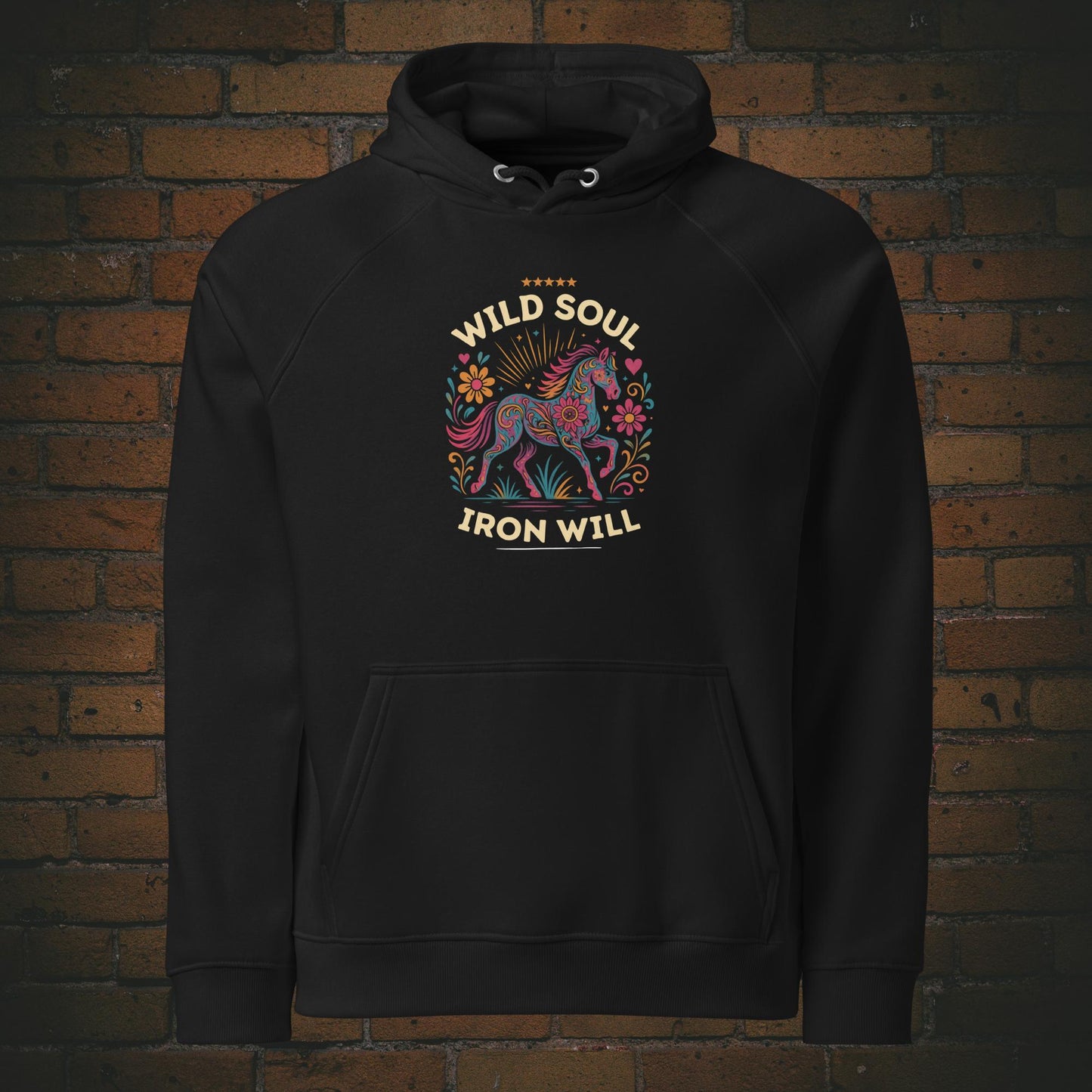 Wild Soul Iron Will – Hippie Pferd Bio Hoodie Unisex in der Farbe schwarz - Druck auf der Vorderseite