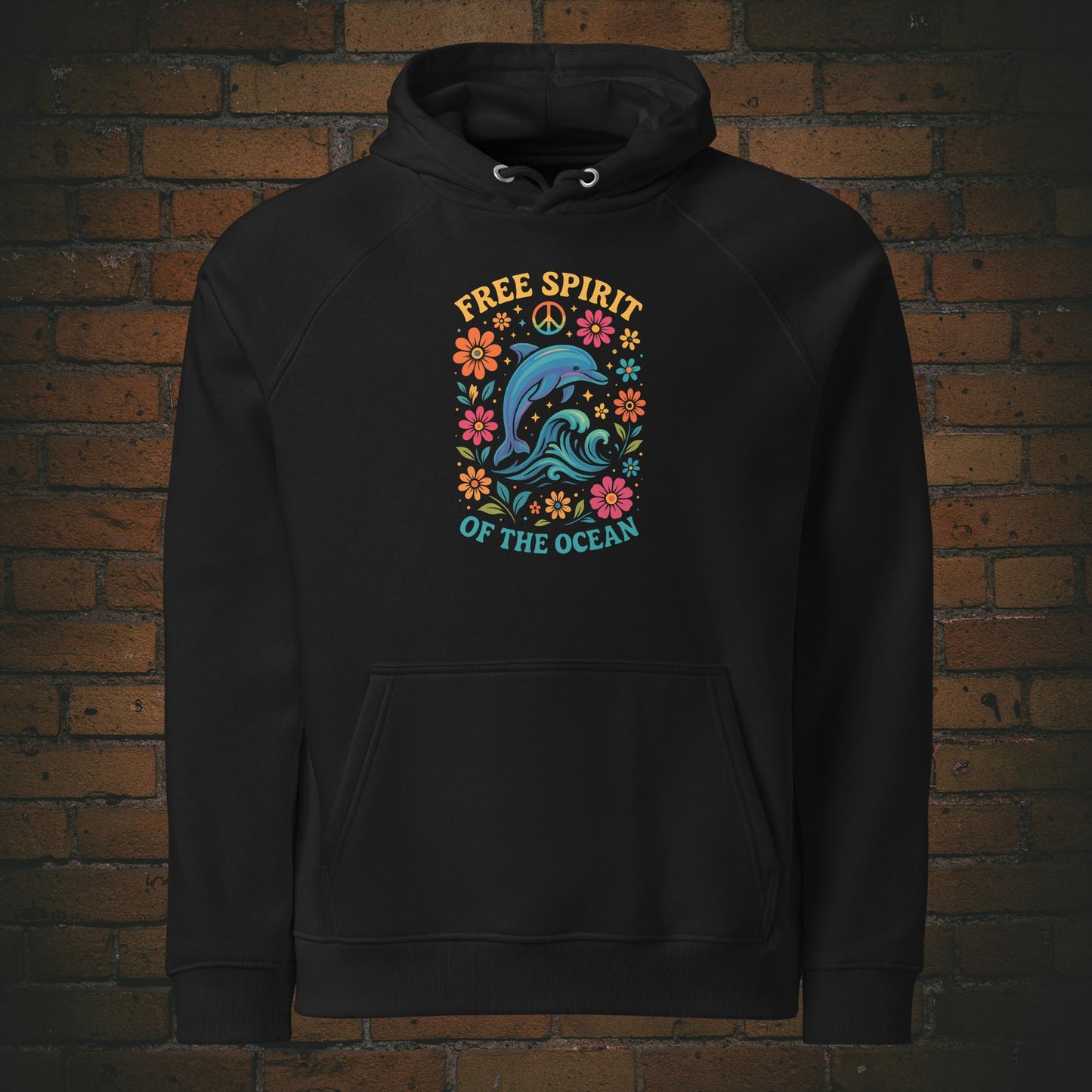 Free Spirit of the Ocean – Bunter Delfin Flower Power Bio Hoodie Unisex - Druck auf der Brust - Kapuzenpullover in der Farbe: schwarz