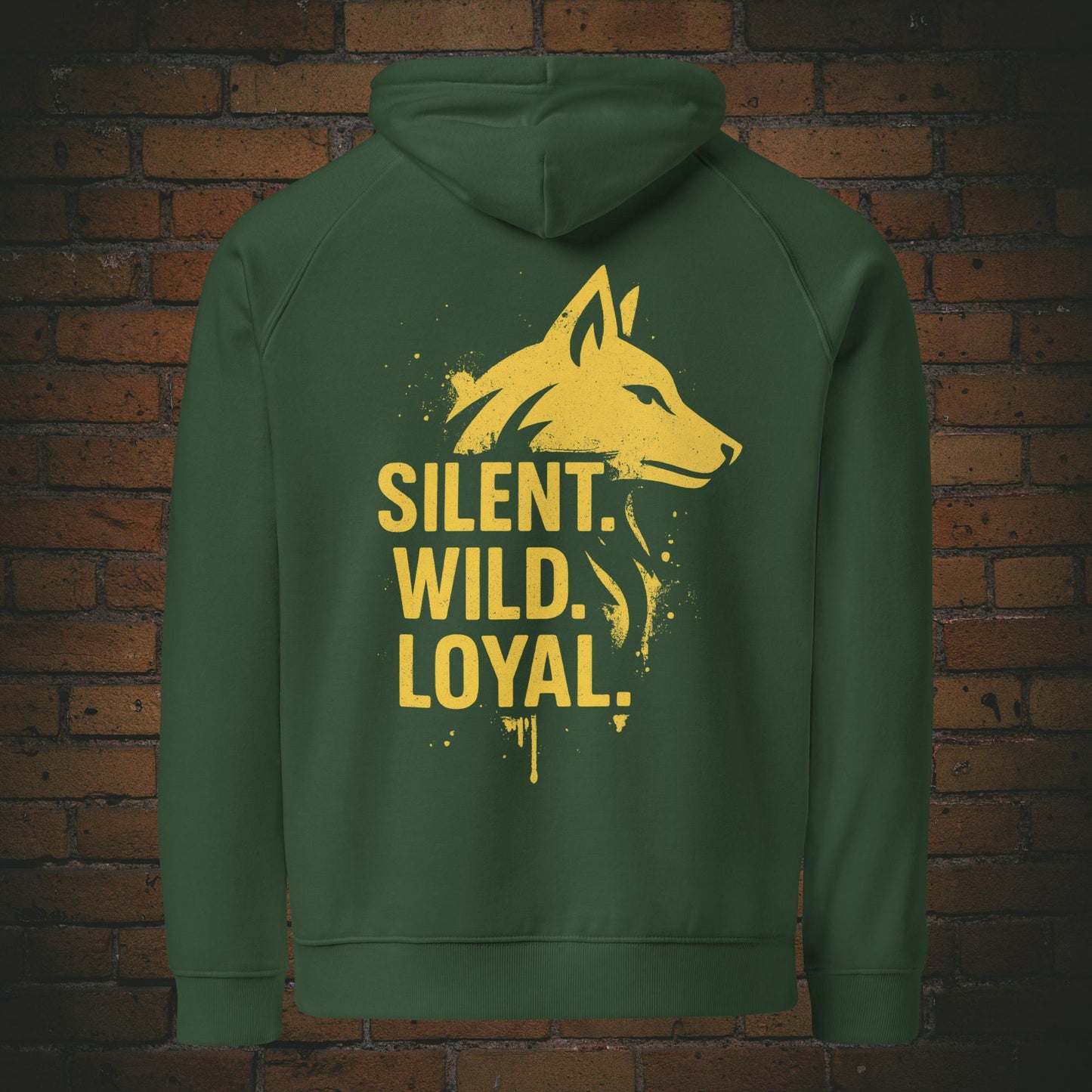 Silent Wild Loyal Hoodie – Urban Street Art Wolf Bio Unisex in der Farbe grün - Druck auf dem Rücken