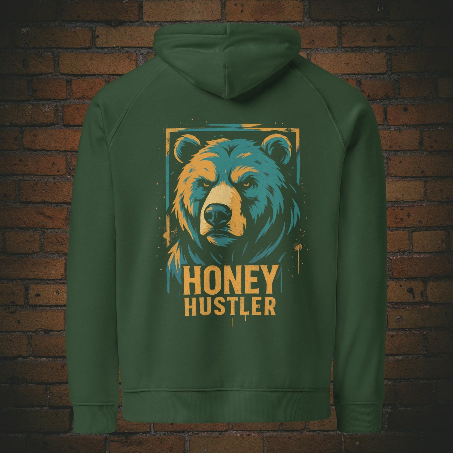 Honey Hustler Hoodie – Urban Street Art Bär Bio Baumwolle Unisex in der Farbe grün - Druck auf dem Rücken