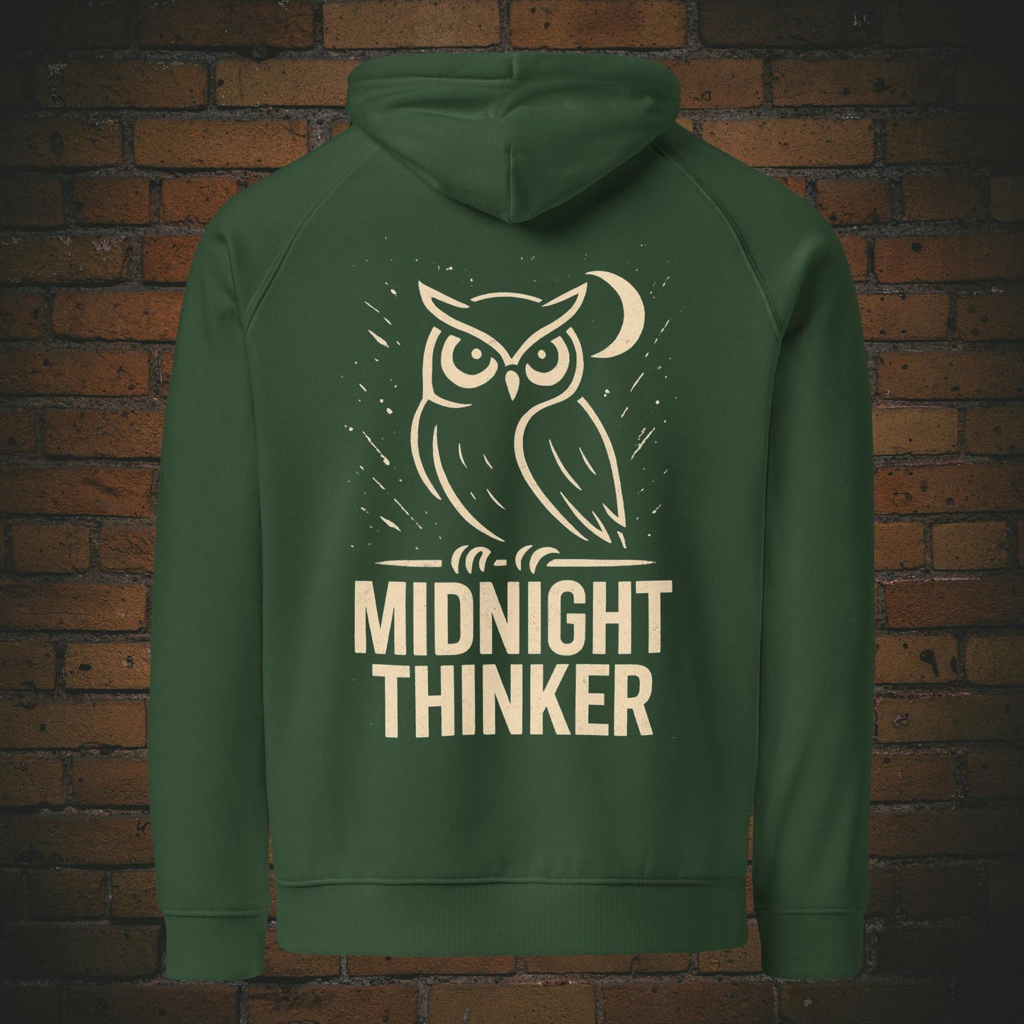 Midnight Thinker Hoodie – Eule Design Bio Baumwolle Unisex - Druck auf dem Rücken - Kapuzenpullover in grün