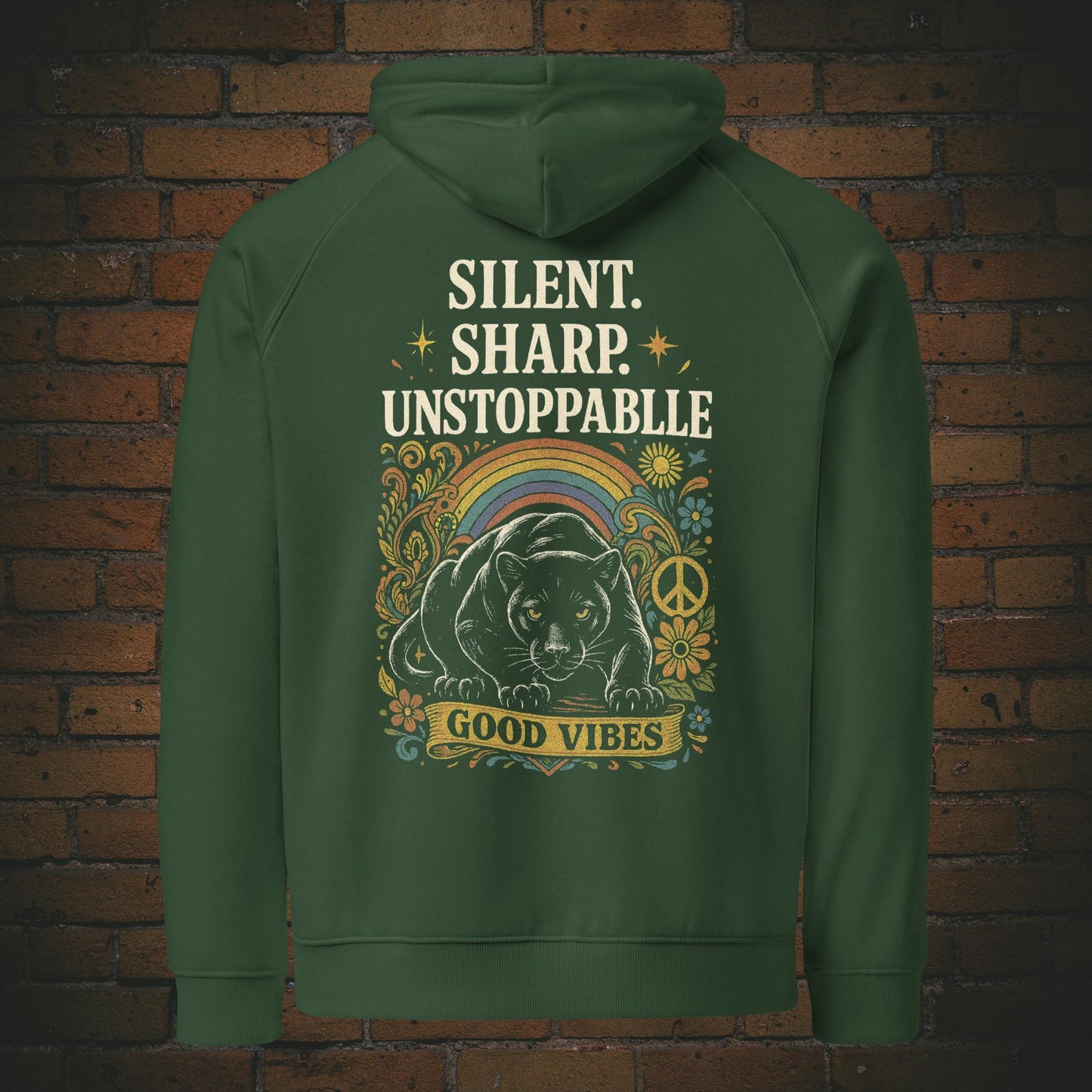Hoodie Panther Good Vibes – Hippie Flower Power Unisex Bio - Druck auf dem Rücken - Kapuzenpullover in der Farbe: grün