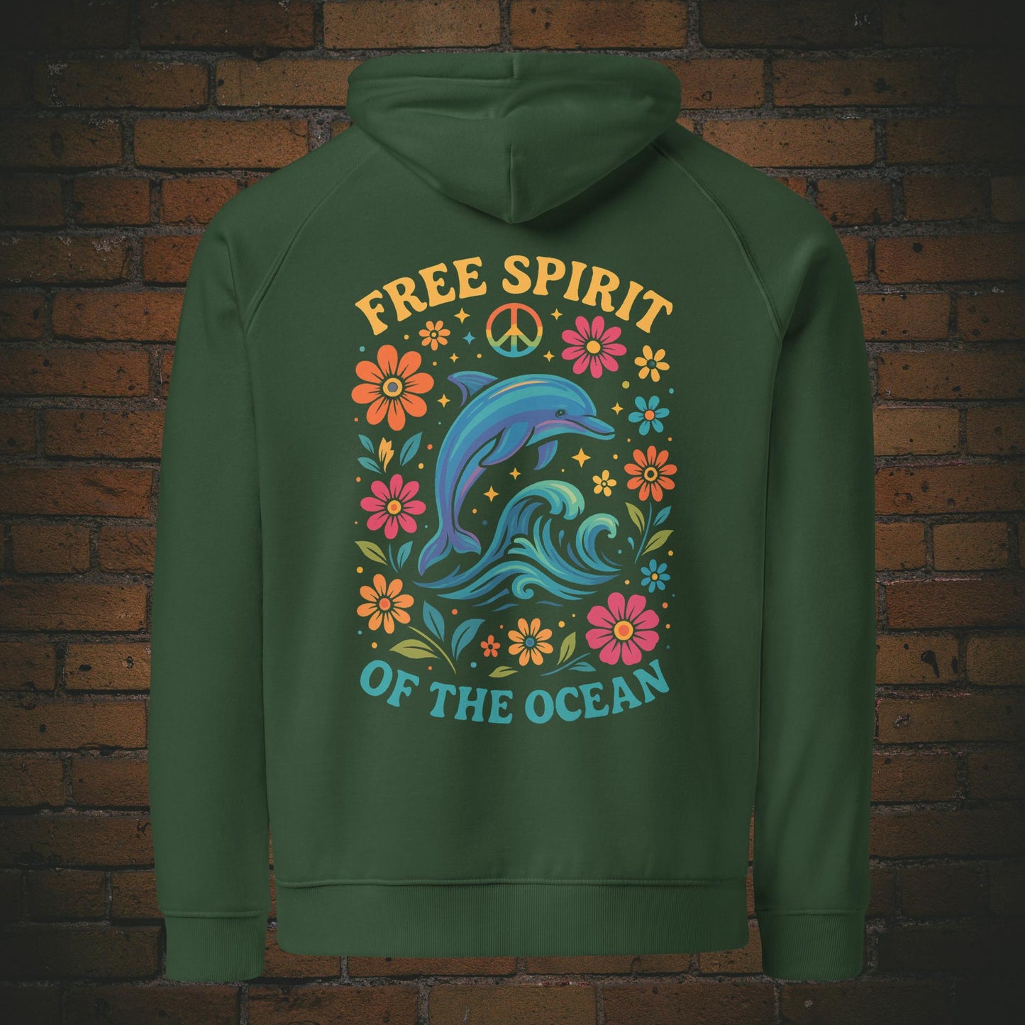 Free Spirit of the Ocean – Bunter Delfin Flower Power Bio Hoodie Unisex - Druck auf dem Rücken - Kapuzenpullover in der Farbe: grün