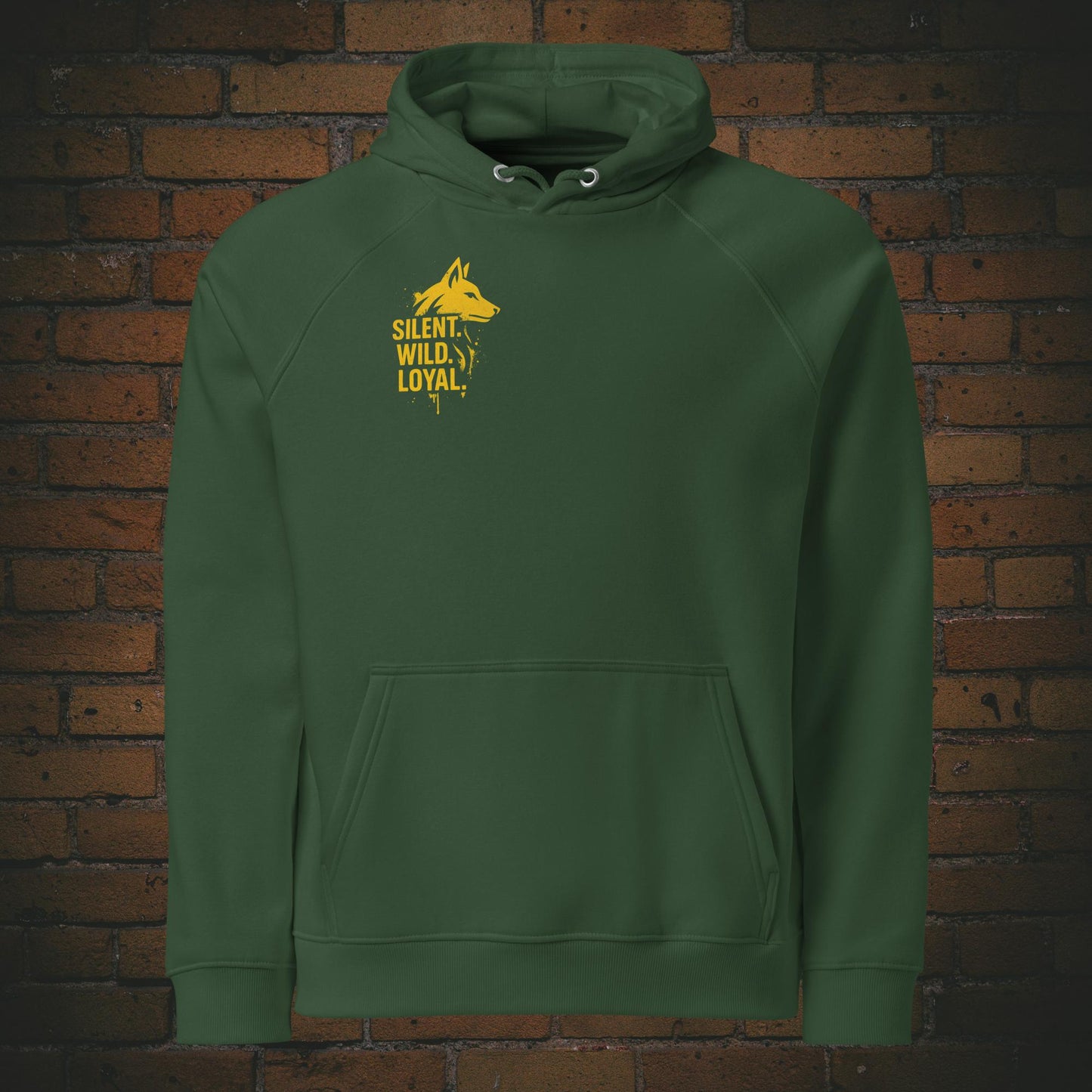 Silent Wild Loyal Hoodie – Urban Street Art Wolf Bio Unisex in der Farbe grün - Druck auf der Brust