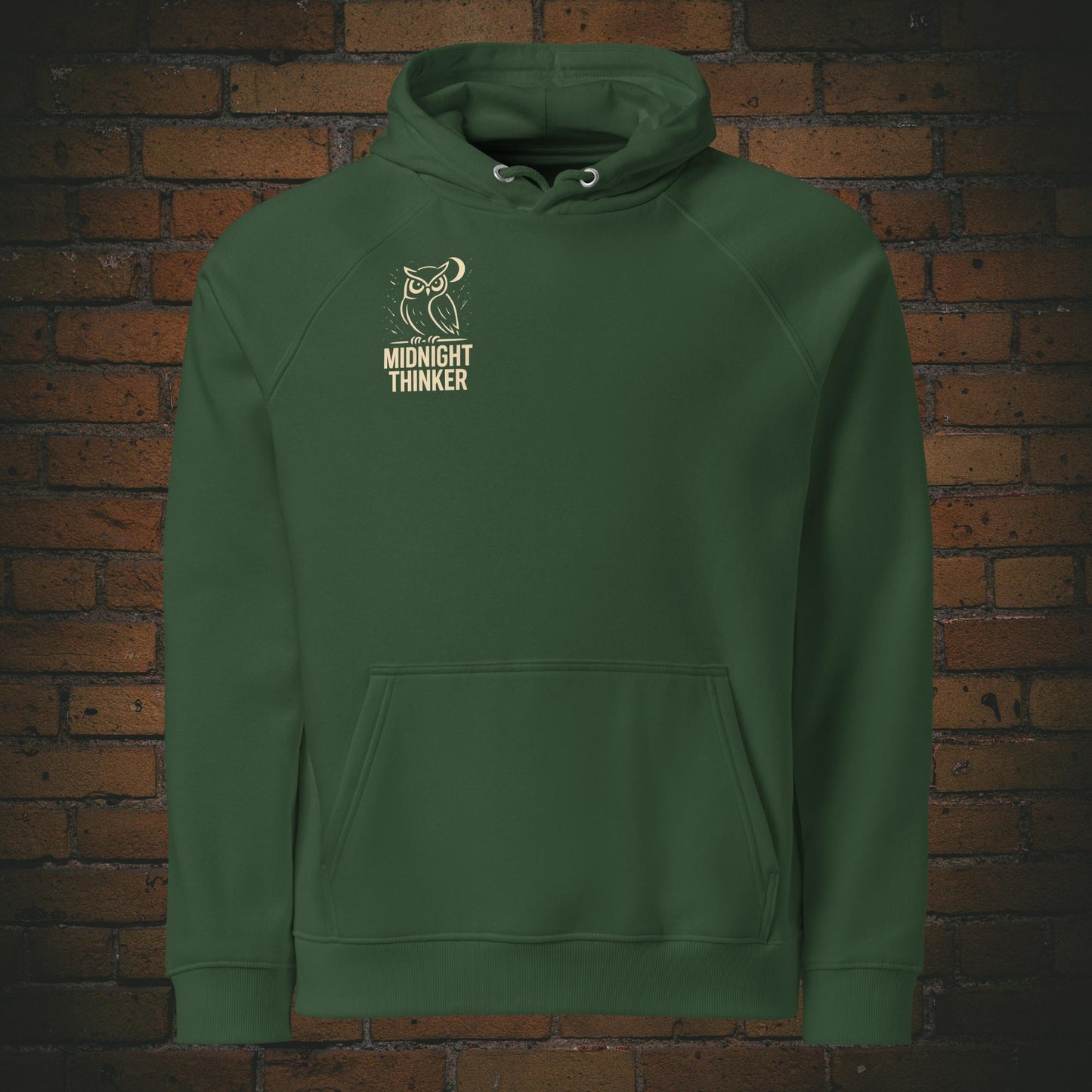Midnight Thinker Hoodie – Eule Design Bio Baumwolle Unisex - Druck auf der Brust - Kapuzenpullover in grün