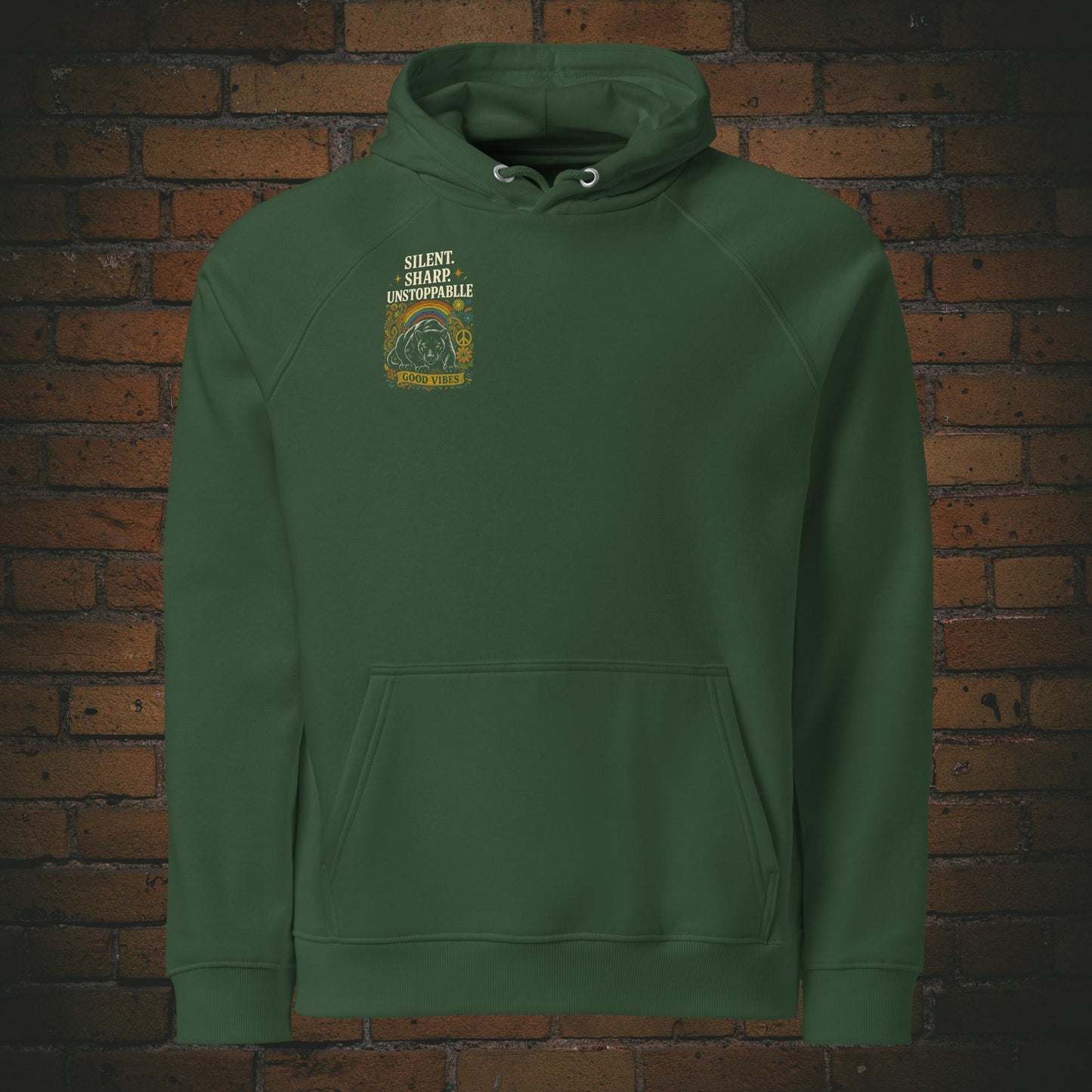 Hoodie Panther Good Vibes – Hippie Flower Power Unisex Bio - Druck auf der Brust - Kapuzenpullover in der Farbe: grün