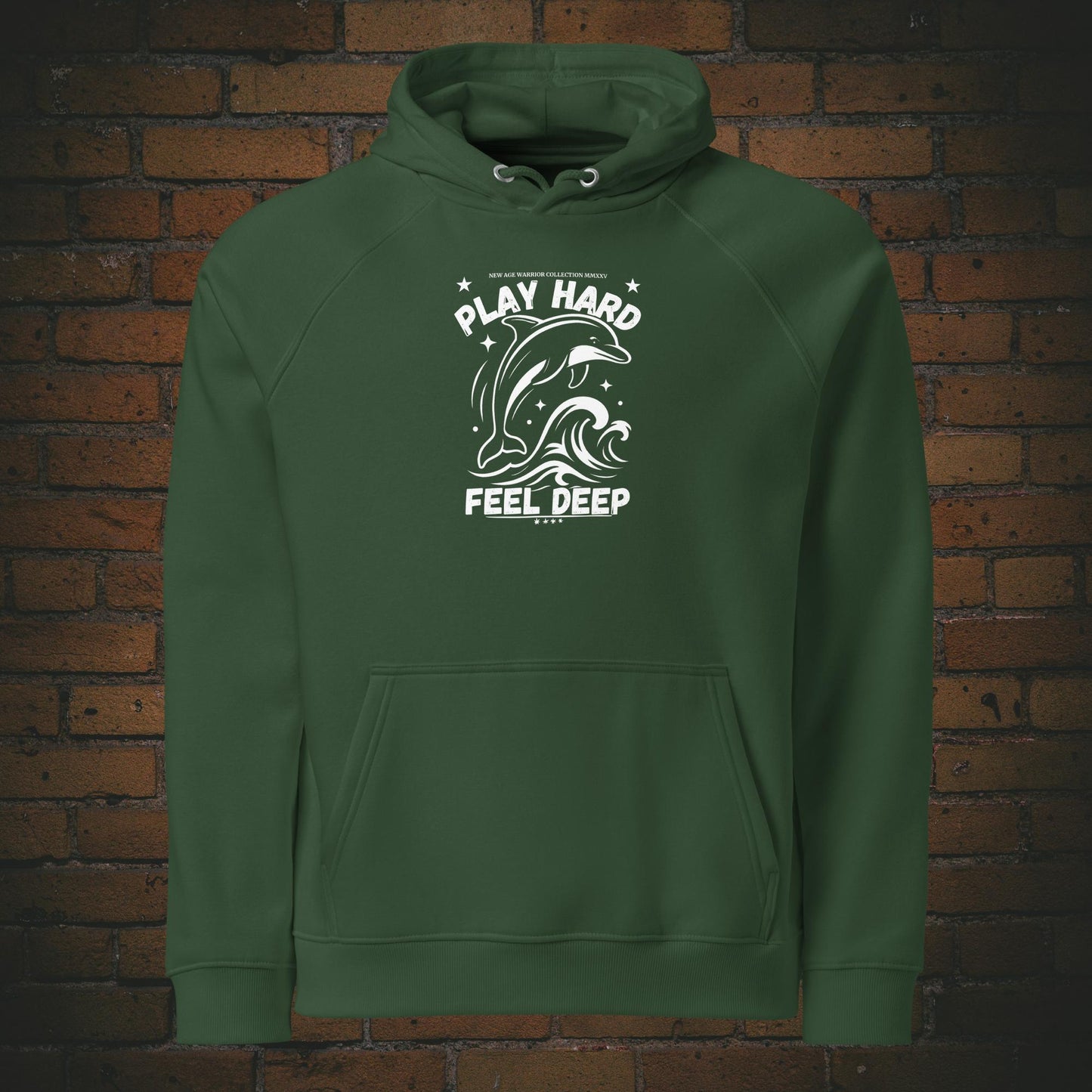 Play Hard Feel Deep weiss – Delfin Krafttier Bio Hoodie Unisex - Druck auf der Brust - Kapuzenpullover in der Farbe: grün