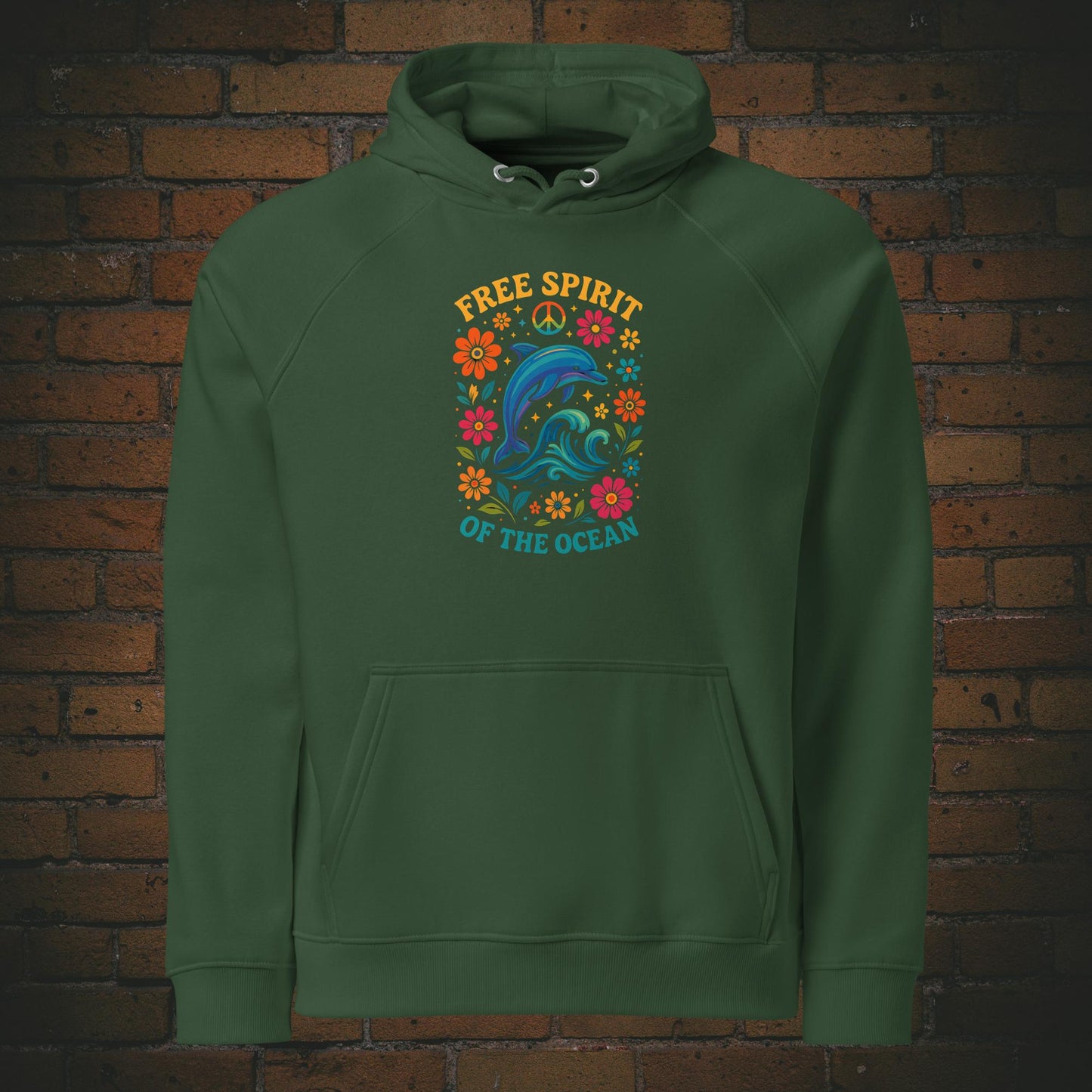 Free Spirit of the Ocean – Bunter Delfin Flower Power Bio Hoodie Unisex - Druck auf der Brust - Kapuzenpullover in der Farbe: grün