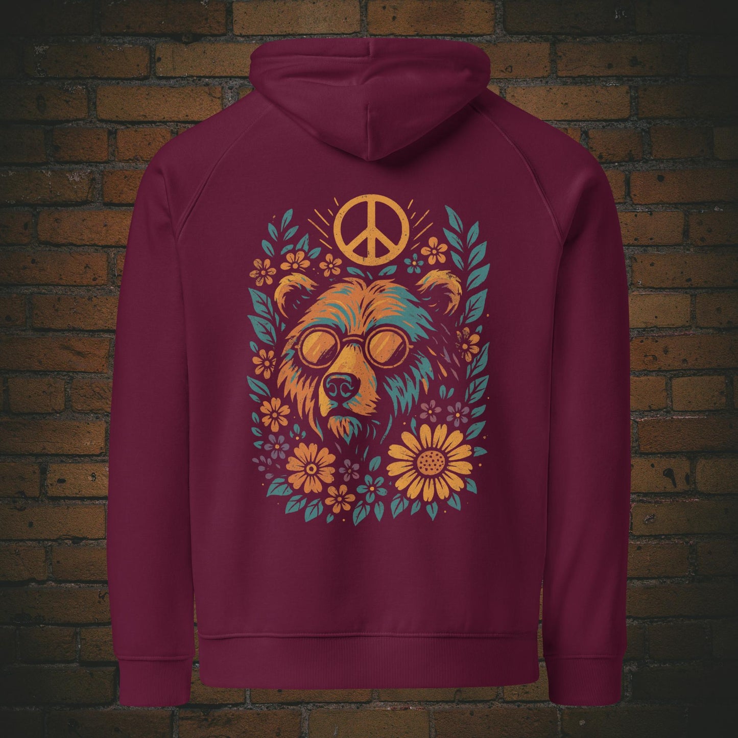 Flower Power Bär Hoodie – Retro Peace Design Bio Baumwolle in der Farbe weinrot - Druck auf dem Rücken