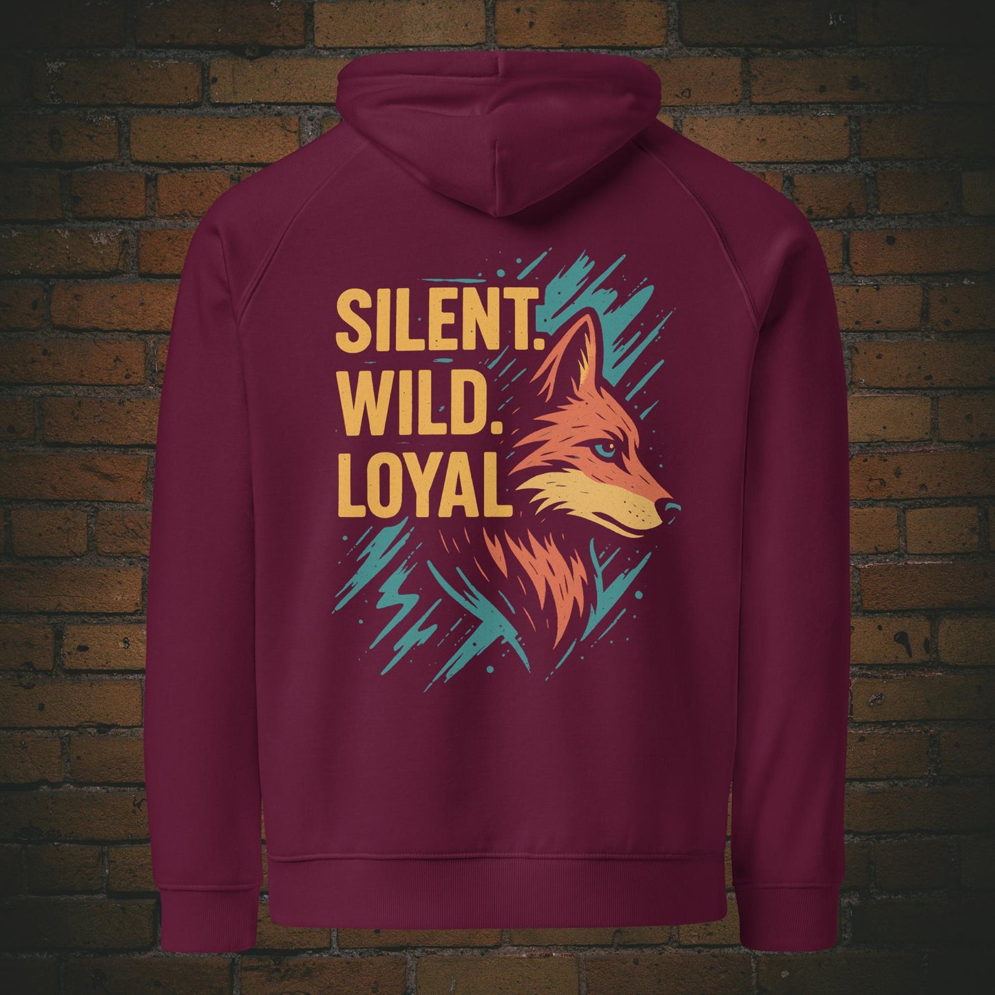 Silent Wild Loyal Hoodie – Wolf Design Bio Baumwolle Unisex in der Farbe weinrot - Druck auf dem Rücken
