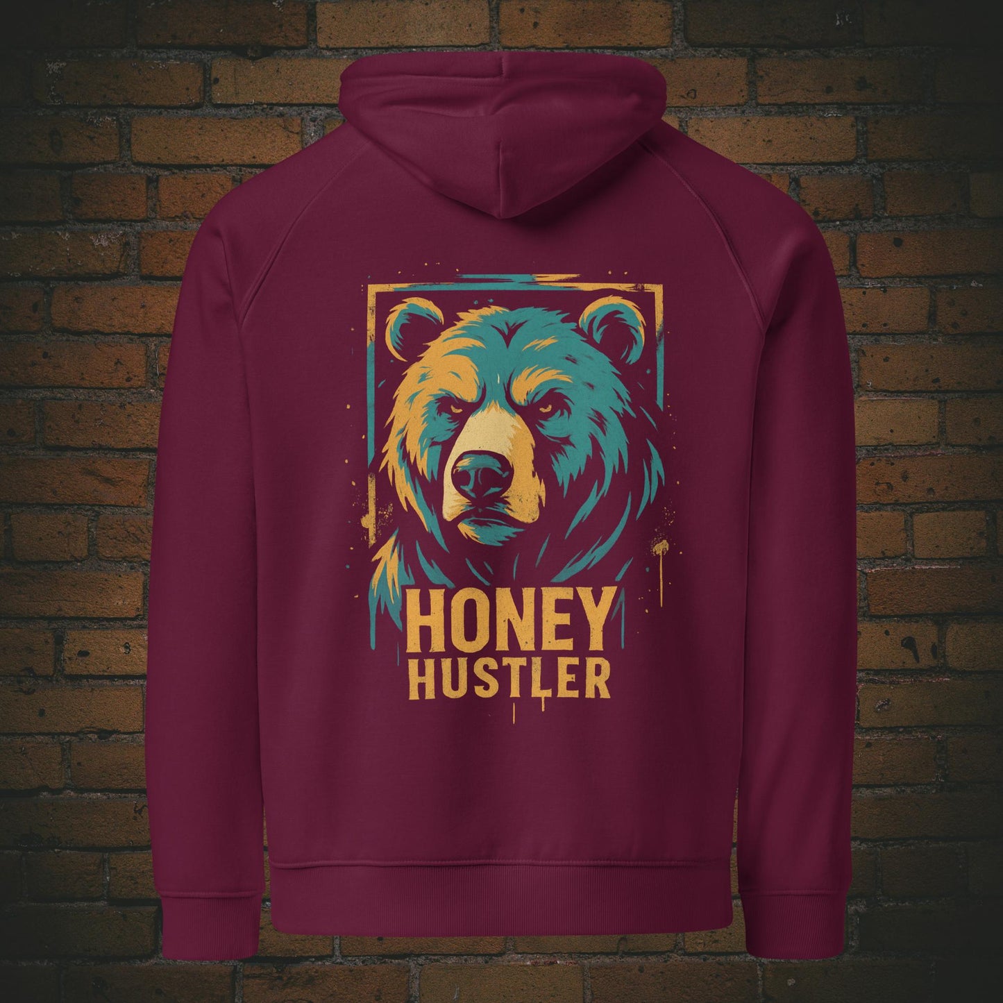 Honey Hustler Hoodie – Urban Street Art Bär Bio Baumwolle Unisex in der Farbe weinrot - Druck auf dem Rücken