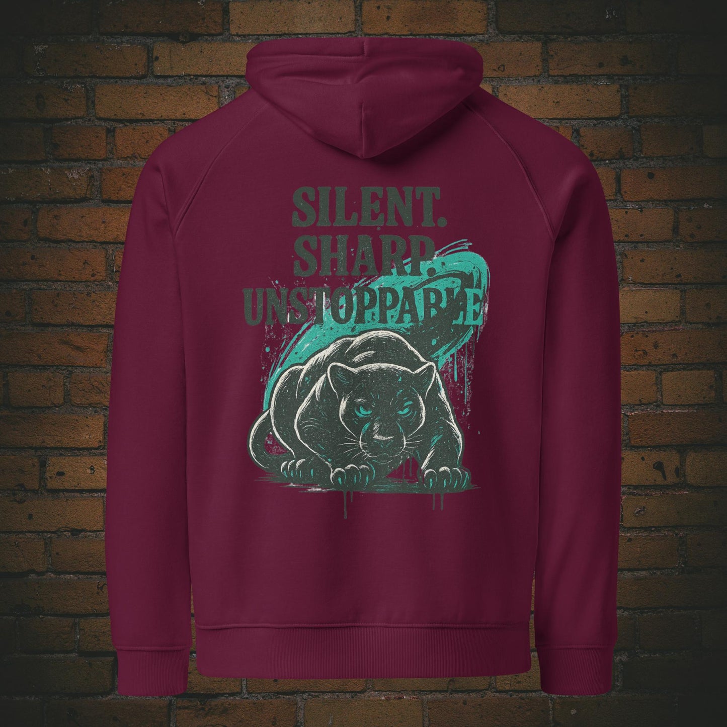 Silent Sharp Unstoppable Hoodie – Panther Bio Unisex - Druck auf dem Rücken - Kapuzenpullover in der Farbe weinrot
