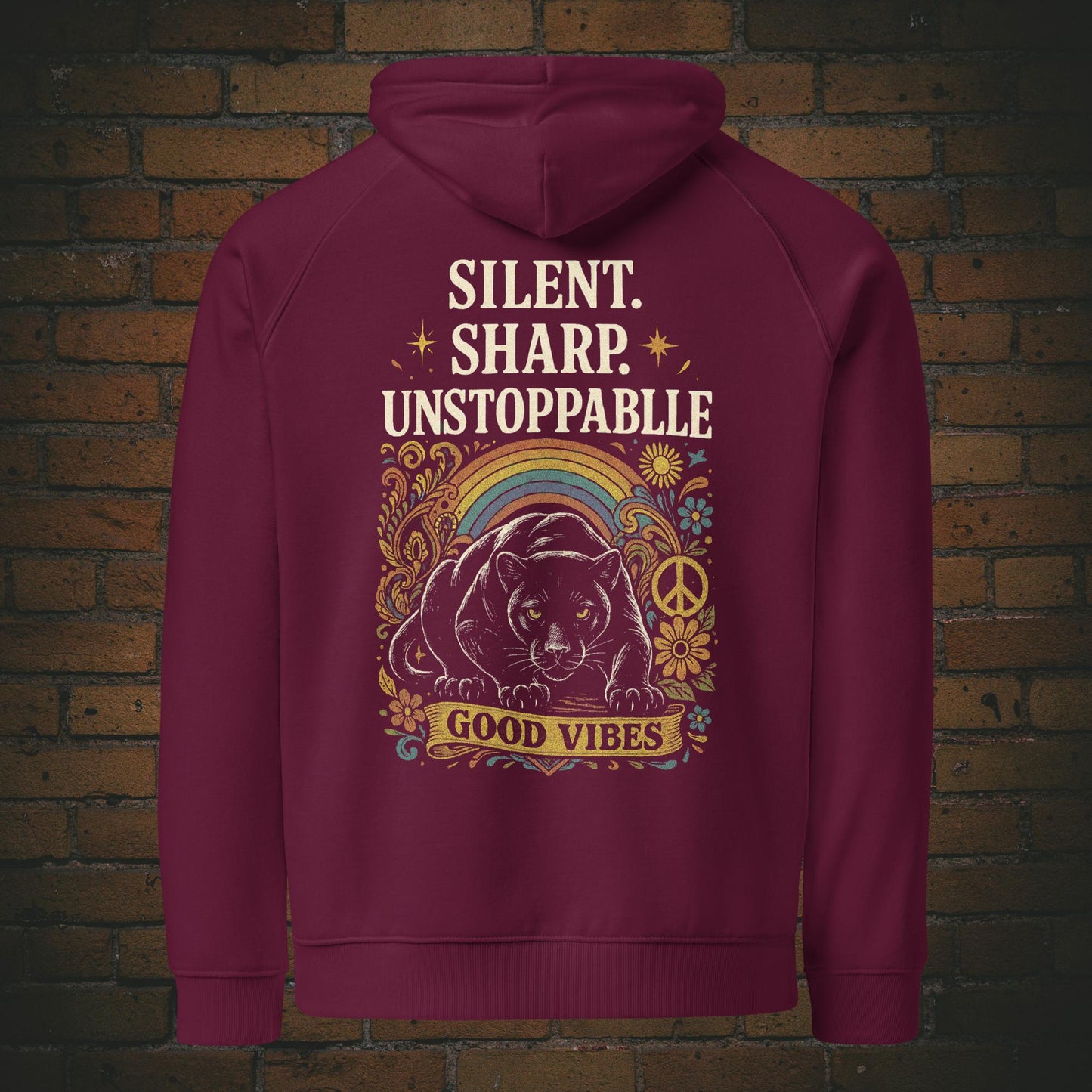 Hoodie Panther Good Vibes – Hippie Flower Power Unisex Bio - Druck auf dem Rücken - Kapuzenpullover in der Farbe: weinrot