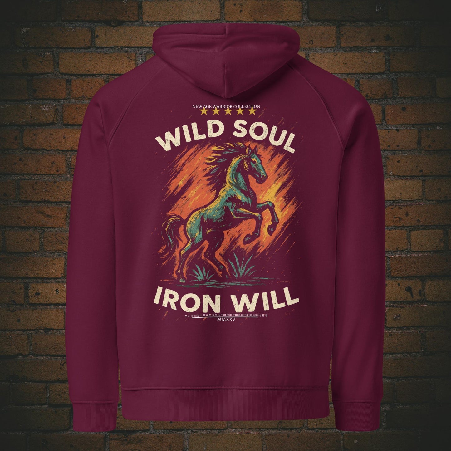 Kapuzenpullover mit Druck - Pferd, Flammen und Spruch - Hoodie Farbe: weinrot