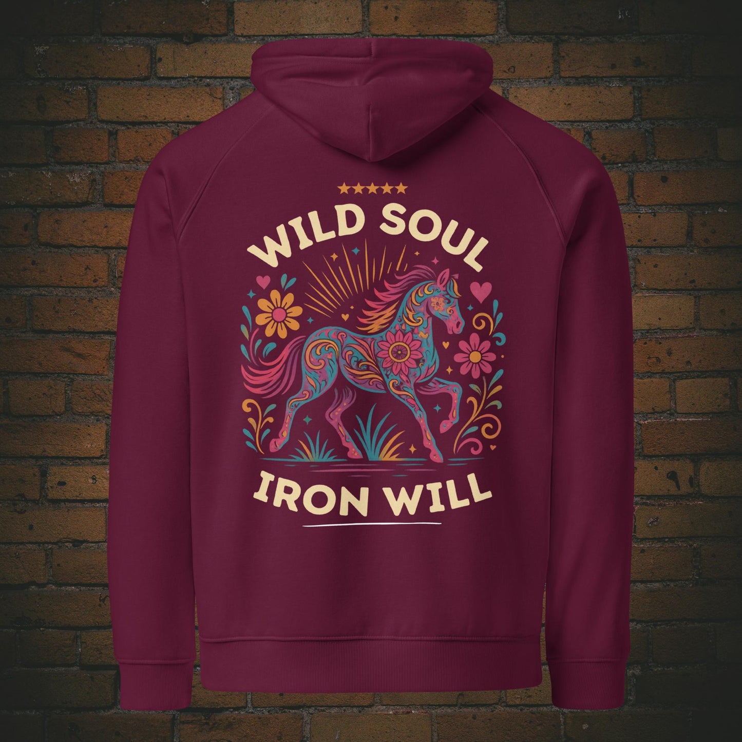 Wild Soul Iron Will – Hippie Pferd Bio Hoodie Unisex in der Farbe weinrot - Druck auf der Rückseite