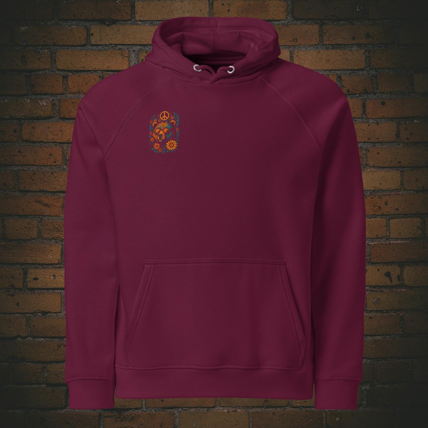 Flower Power Bär Hoodie – Retro Peace Design Bio Baumwolle in der Farbe weinrot - Druck auf der Brust