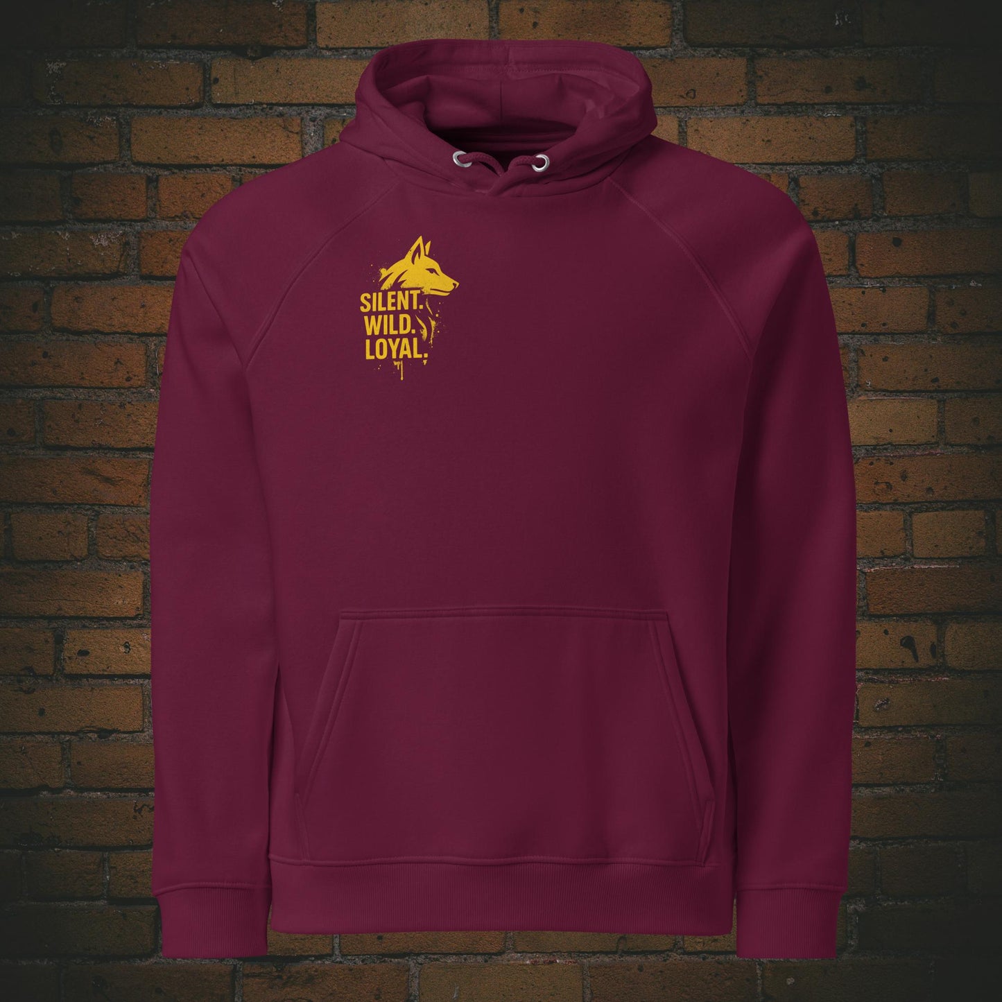 Silent Wild Loyal Hoodie – Urban Street Art Wolf Bio Unisex in der Farbe weinrot - Druck auf der Brust