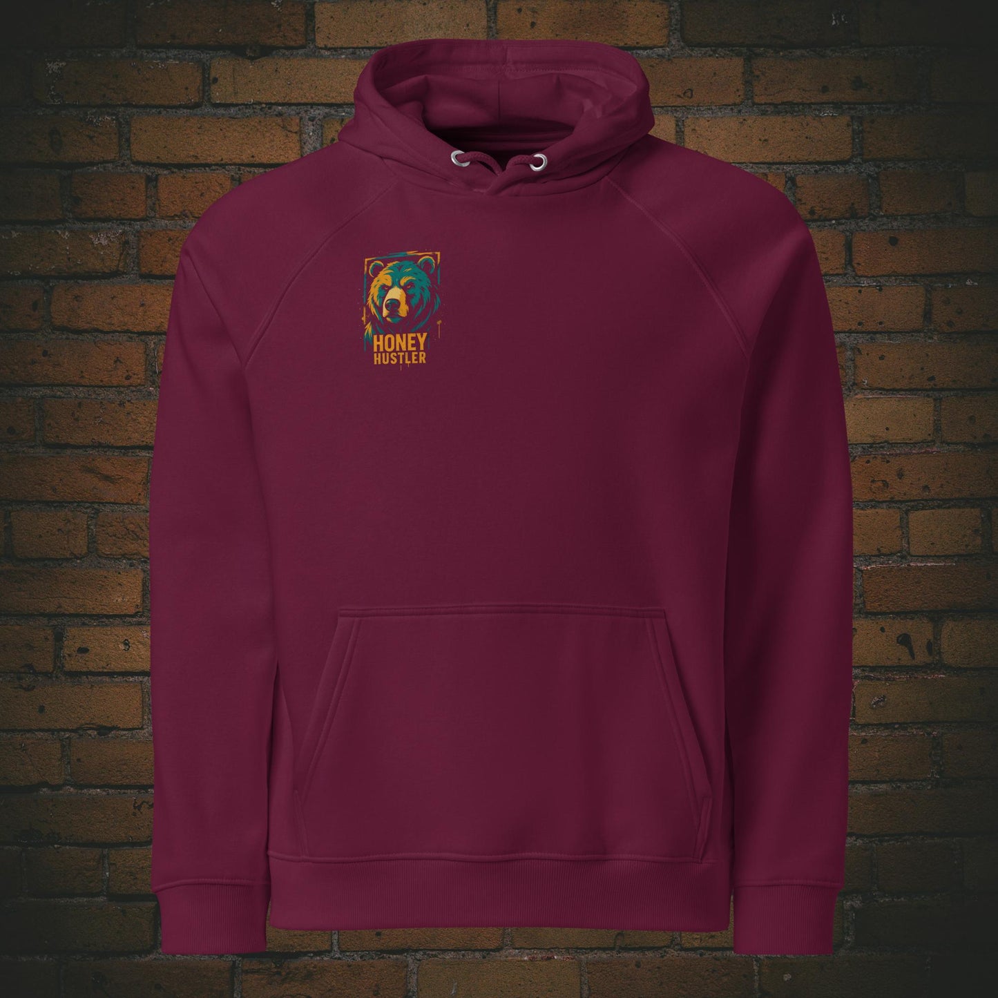 Honey Hustler Hoodie – Urban Street Art Bär Bio Baumwolle Unisex in der Farbe weinrot - Druck auf der Brust