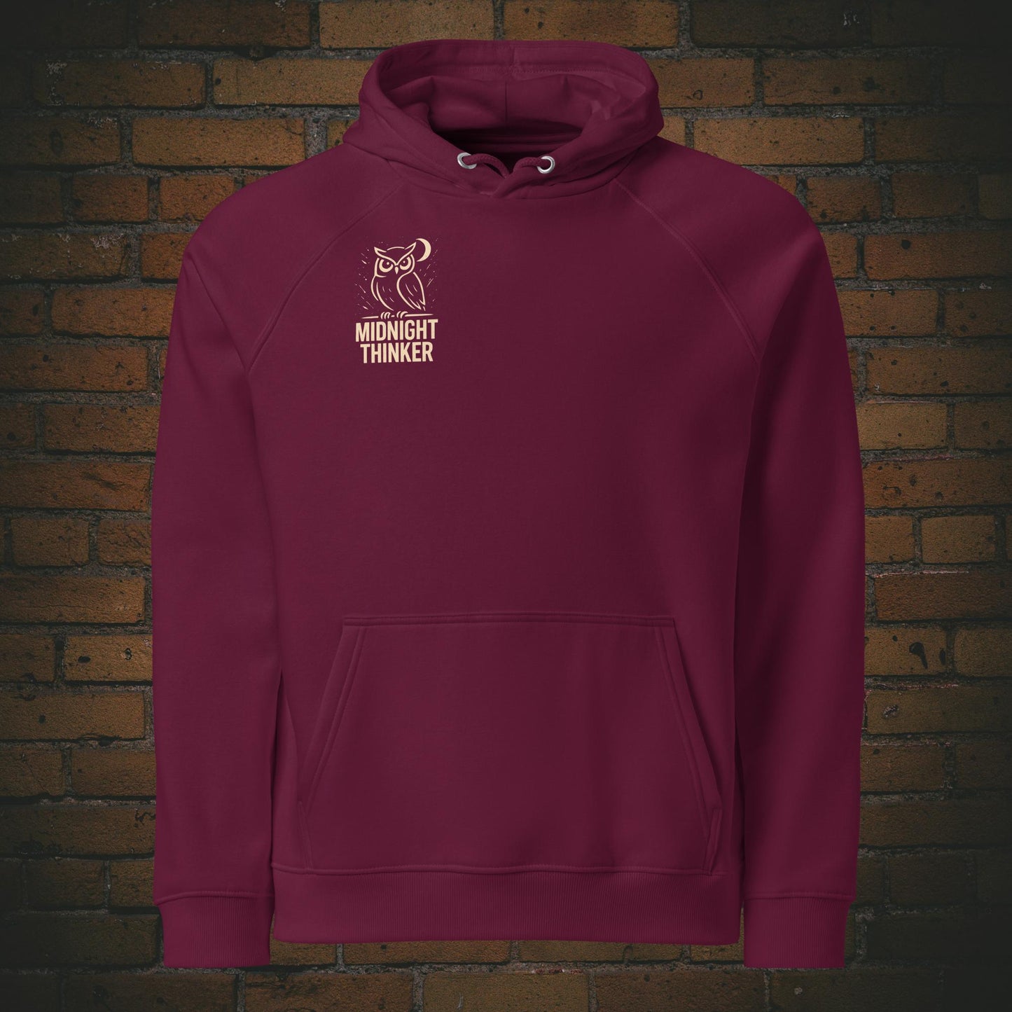 Midnight Thinker Hoodie – Eule Design Bio Baumwolle Unisex - Druck auf der Brust - Kapuzenpullover in weinrot