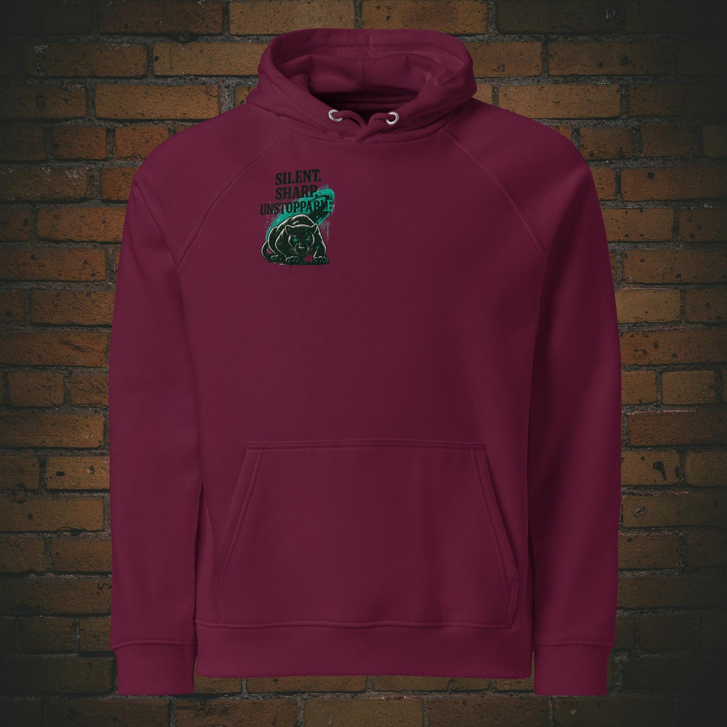 Silent Sharp Unstoppable Hoodie – Panther Bio Unisex - Druck auf der Brust - Kapuzenpullover in der Farbe weinrot