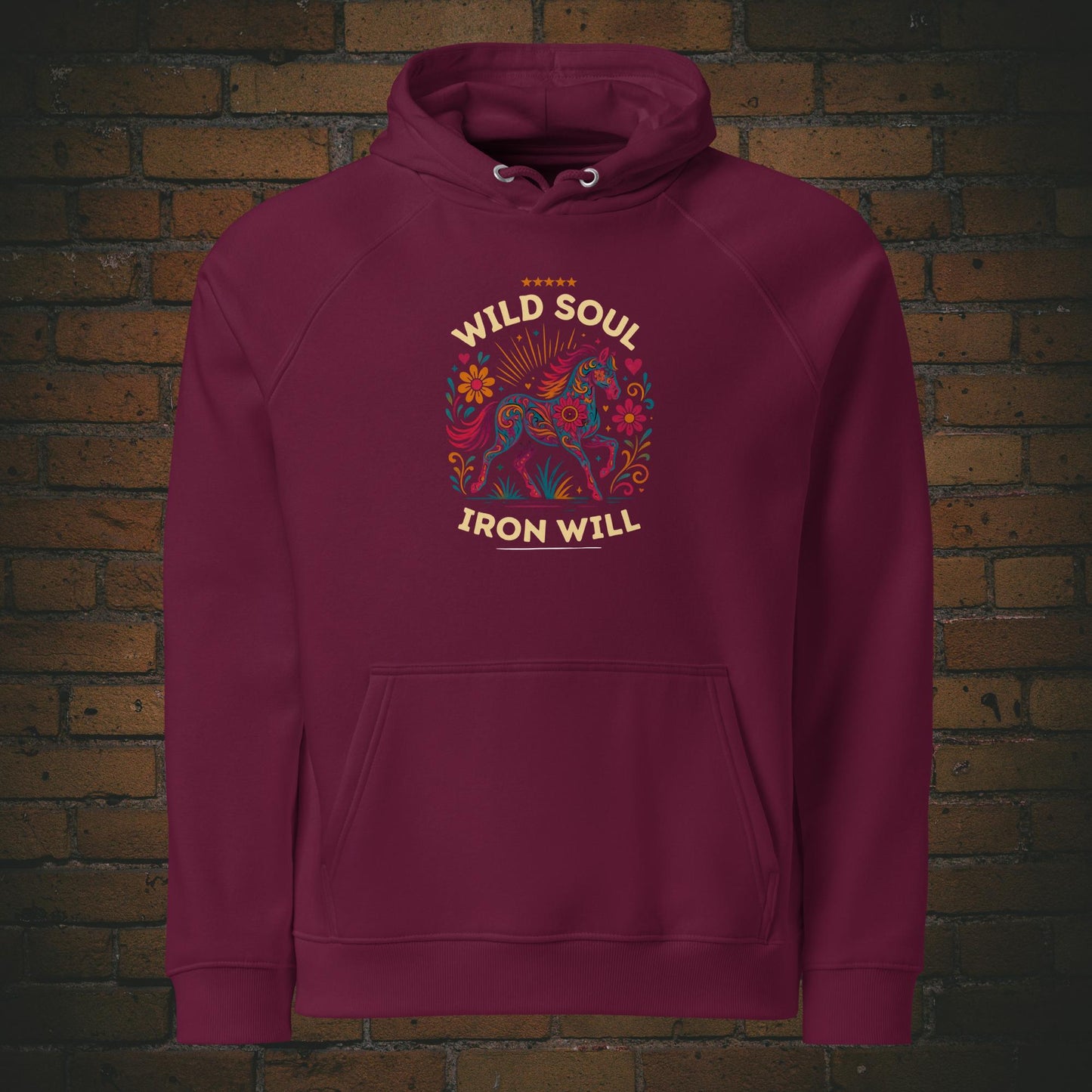 Wild Soul Iron Will – Hippie Pferd Bio Hoodie Unisex in der Farbe weinrot - Druck auf der Vorderseite
