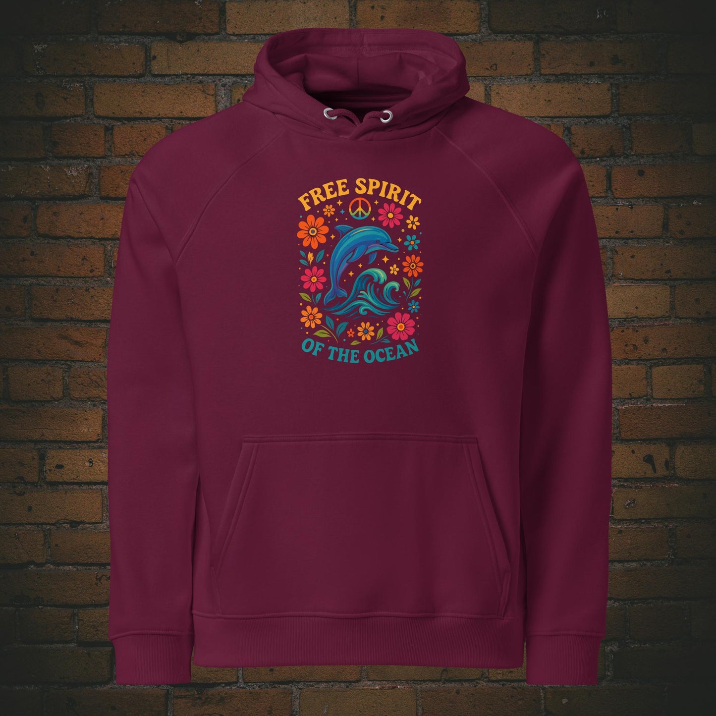 Free Spirit of the Ocean – Bunter Delfin Flower Power Bio Hoodie Unisex - Druck auf der Brust - Kapuzenpullover in der Farbe: weinrot