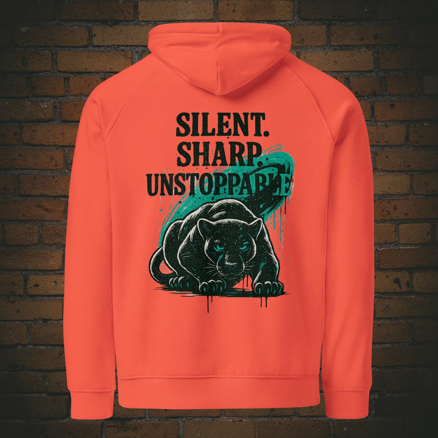 Silent Sharp Unstoppable Hoodie – Panther Bio Unisex - Druck auf dem Rücken - Kapuzenpullover in der Farbe orange