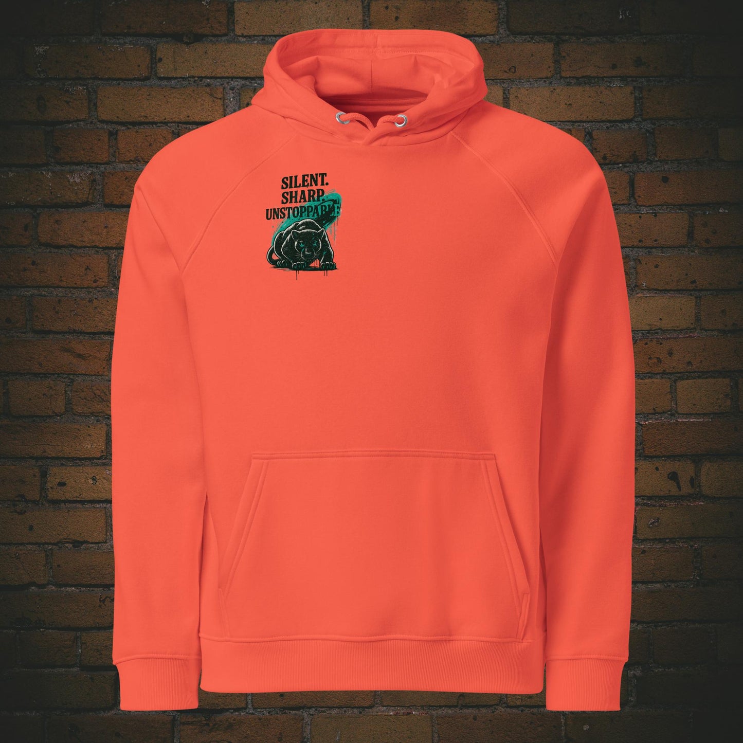 Silent Sharp Unstoppable Hoodie – Panther Bio Unisex - Druck auf der Brust - Kapuzenpullover in der Farbe orange