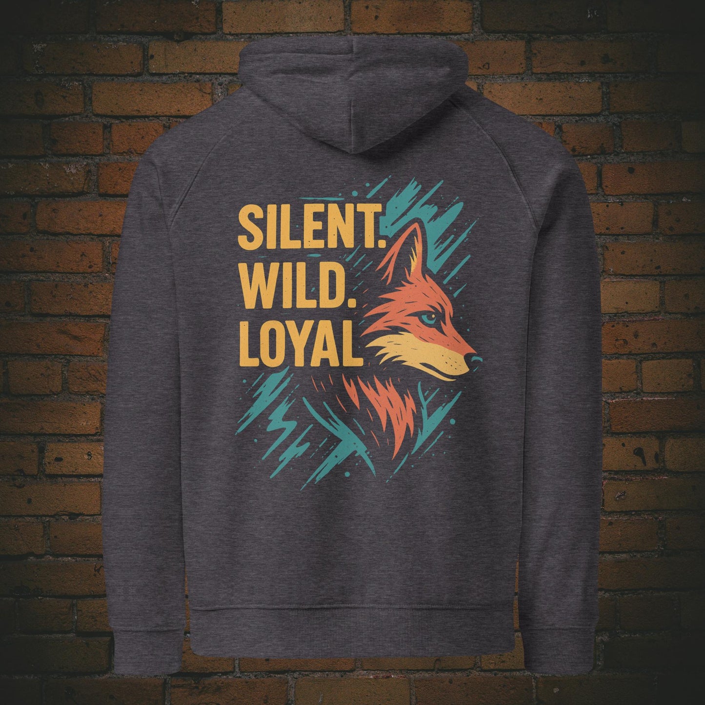 Silent Wild Loyal Hoodie – Wolf Design Bio Baumwolle Unisex in der Farbe grau - Druck auf dem Rücken