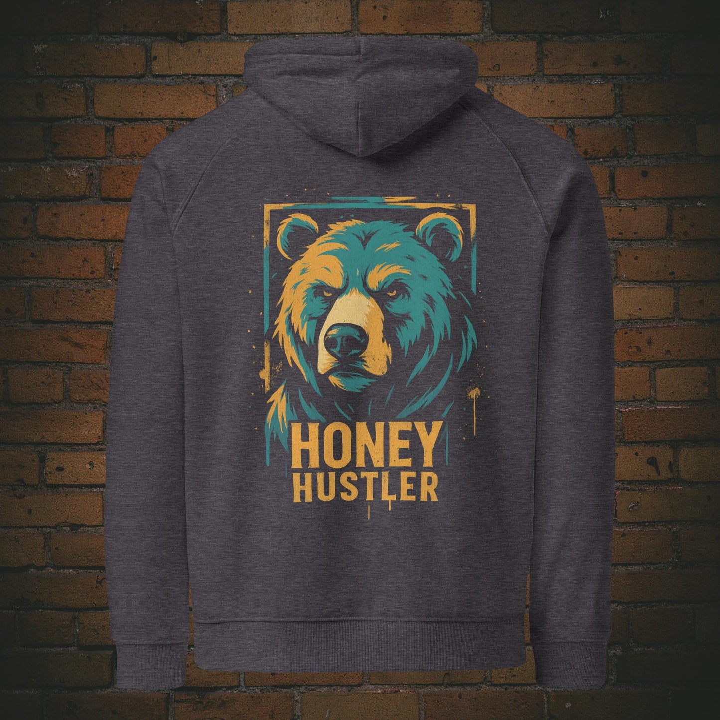 Honey Hustler Hoodie – Urban Street Art Bär Bio Baumwolle Unisex in der Farbe dunkelgrau - Druck auf dem Rücken