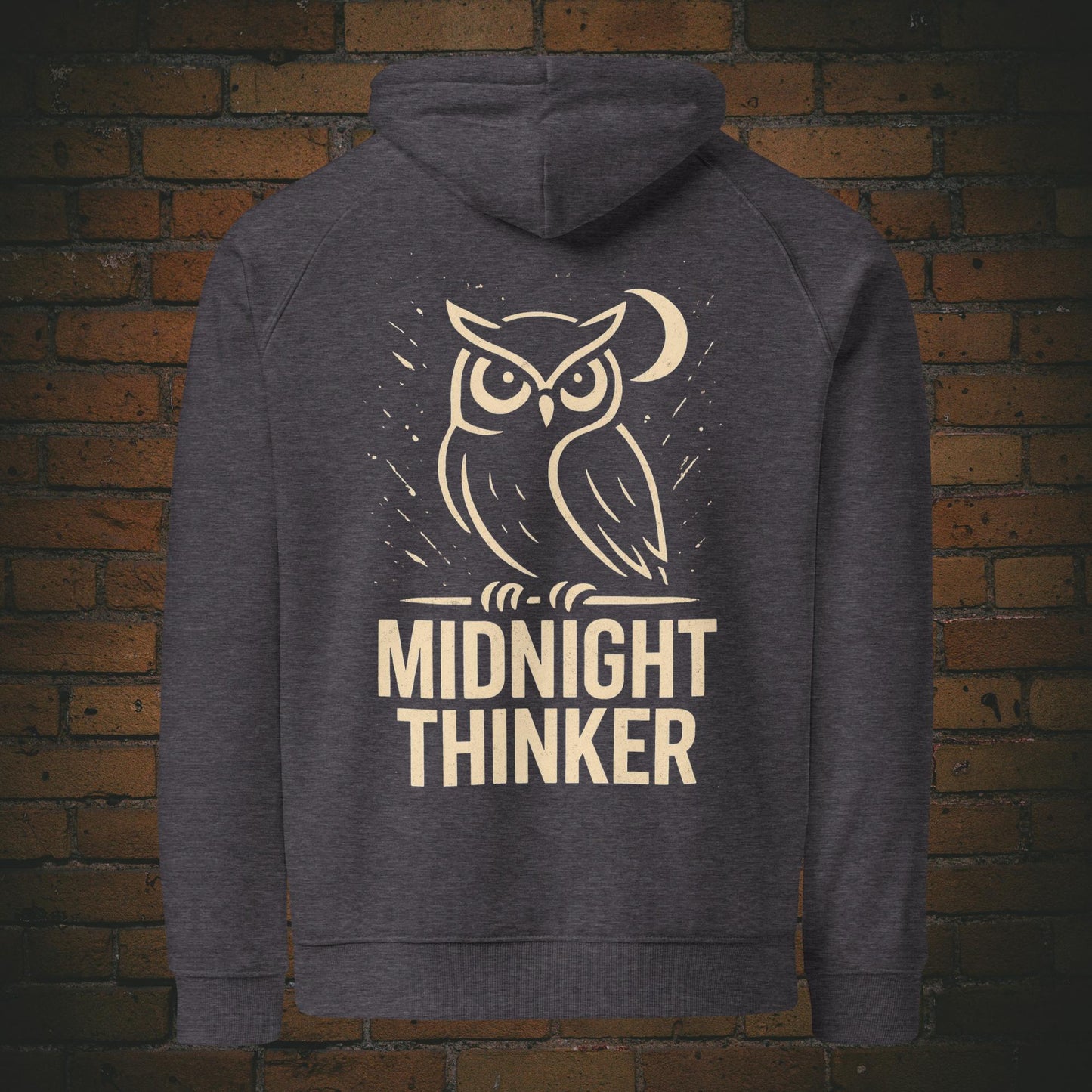 Midnight Thinker Hoodie – Eule Design Bio Baumwolle Unisex - Druck auf dem Rücken - Kapuzenpullover in dunkelgrau