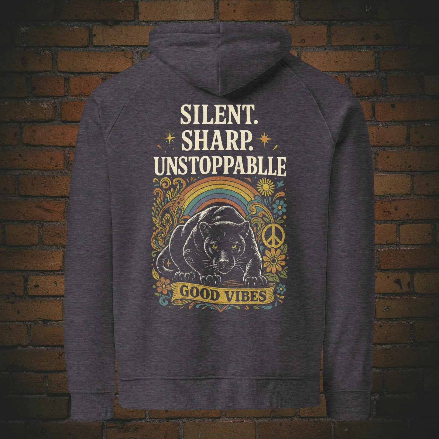 Hoodie Panther Good Vibes – Hippie Flower Power Unisex Bio - Druck auf dem Rücken - Kapuzenpullover in der Farbe: dunkelgrau
